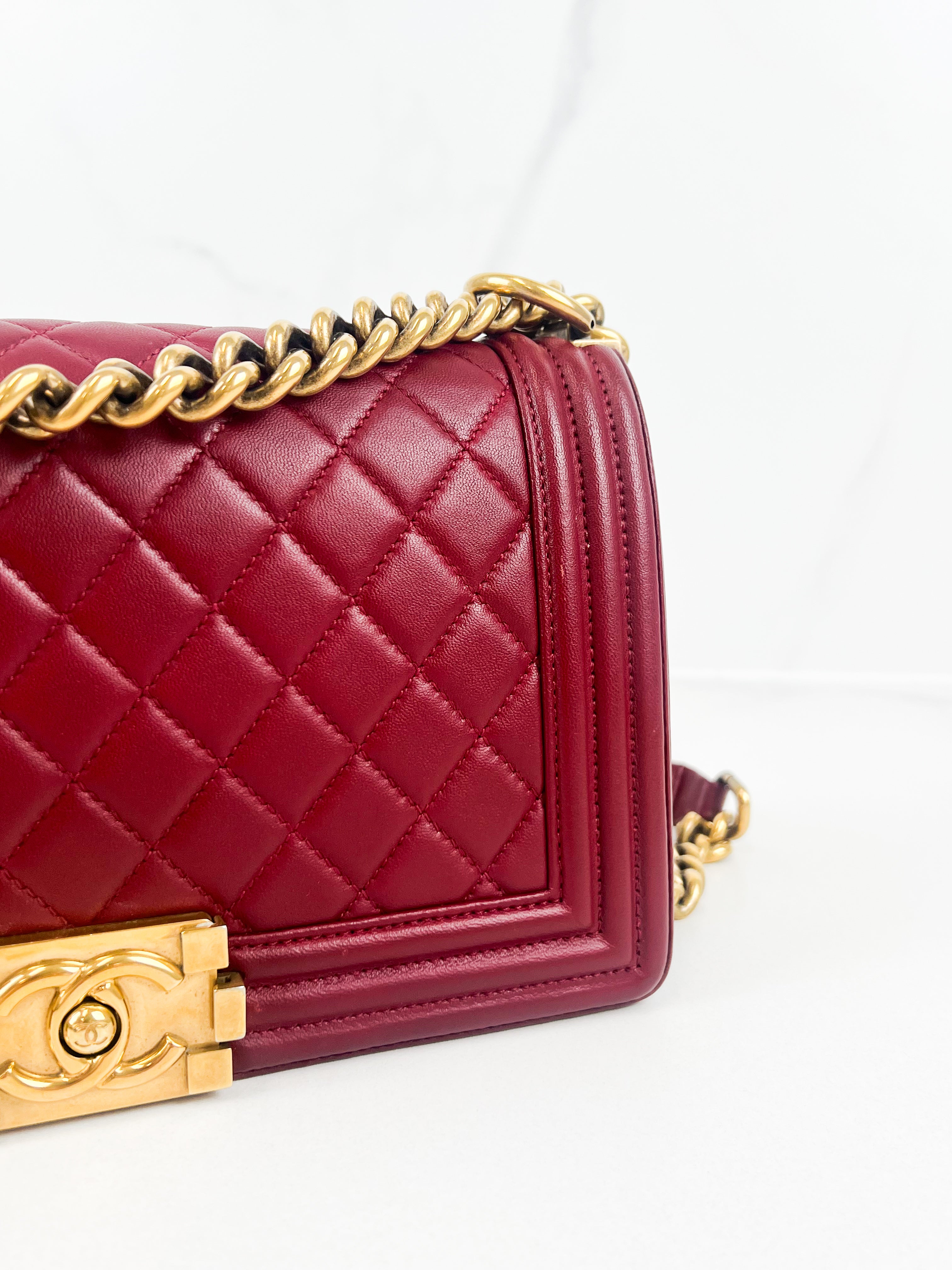 Chanel Old Medium Boy Bag in Red Quilted Calfskin with Gold Hardware