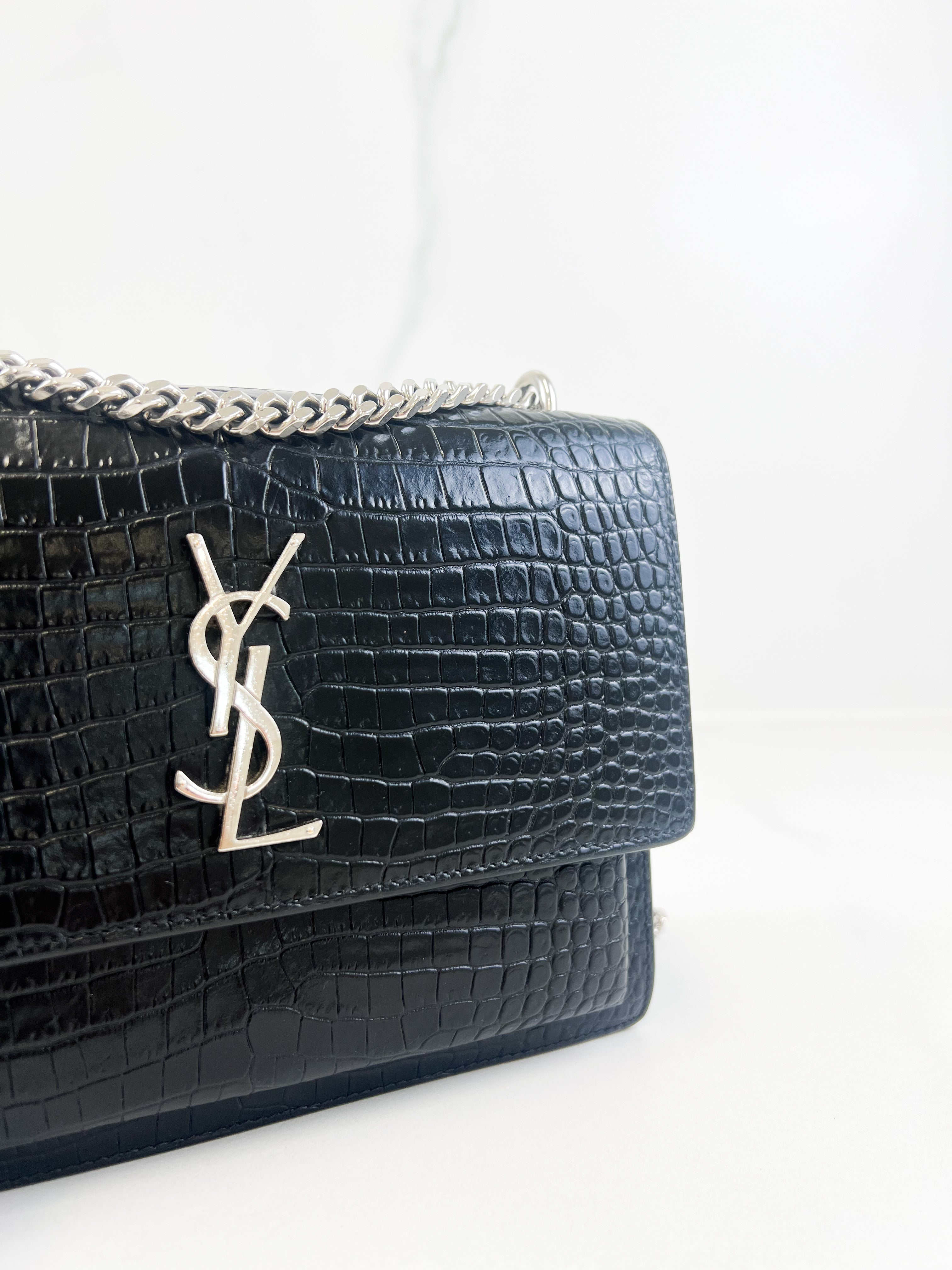 Saint Laurent Sunset Medium Black Croc Shoulder Bag with SHW