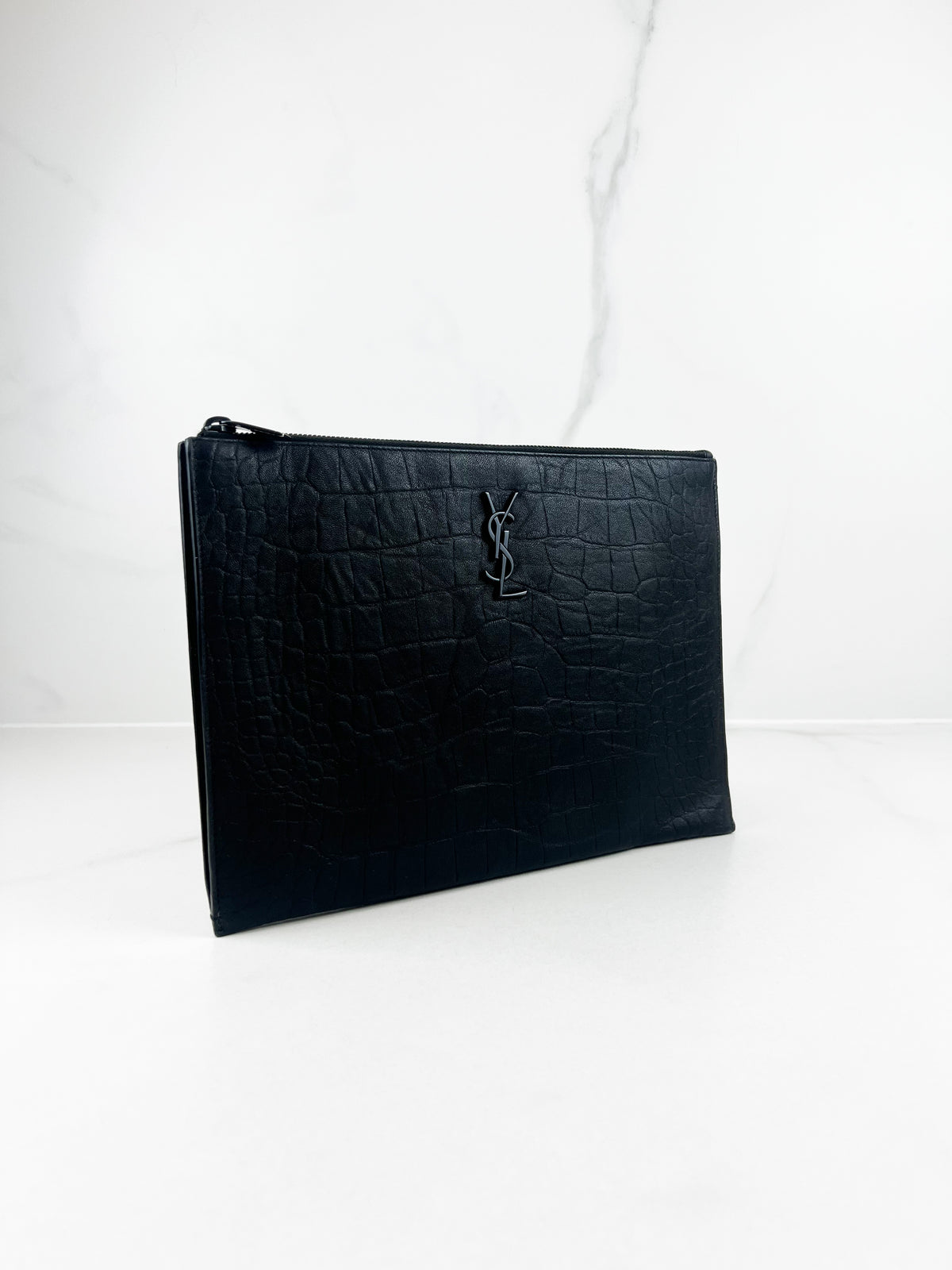 Saint Laurent Croc Embossed Pouch with Black Hardware