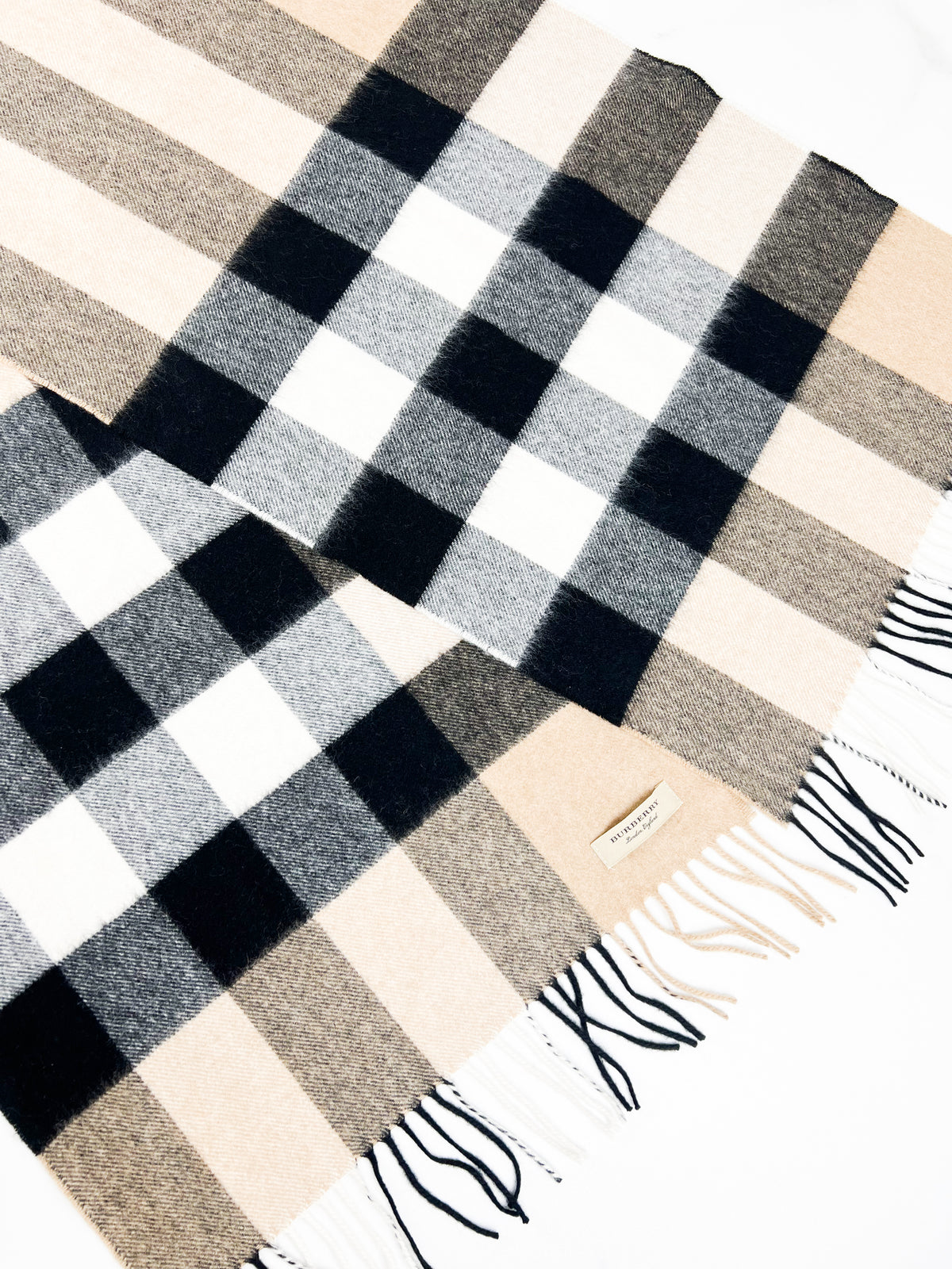 Burberry Half Mega Check Cashmere Scarf in Beige