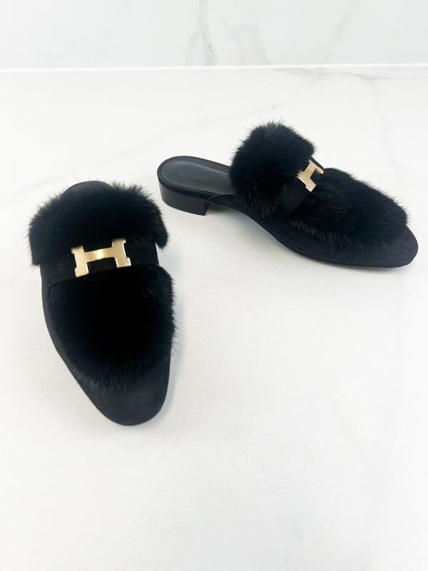 Hermes Black Suede Trocadero Mink Fur Mule Size 39