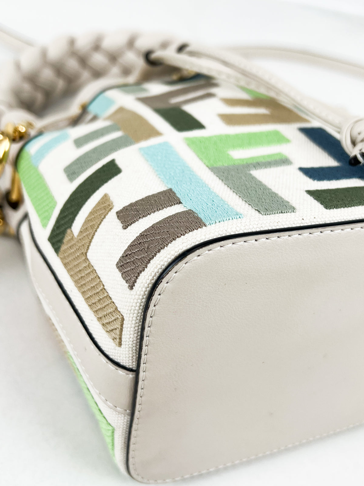 Fendi FF Multicolour Embroidred Mon Tresor Bucket Bag with Braided White Leather Handle