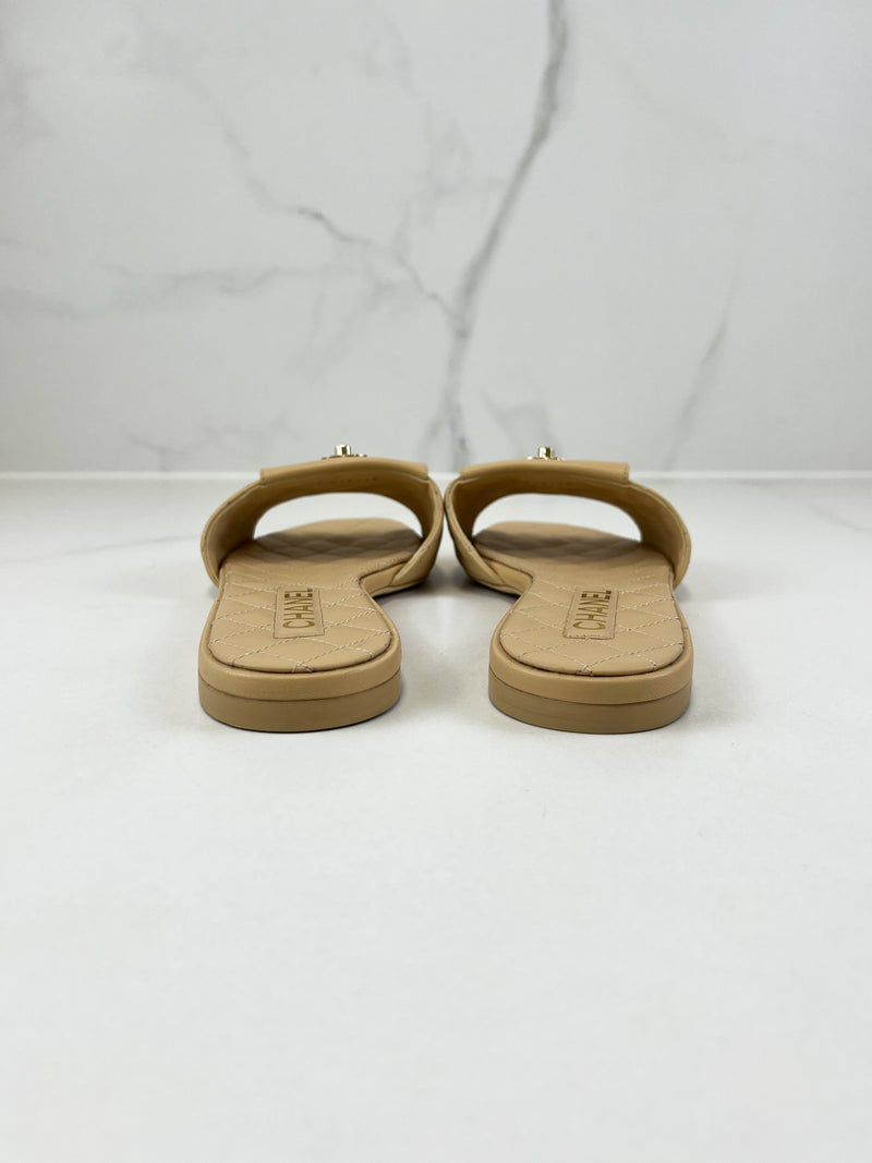 Chanel Beige Quilted Leather Slides Size 41