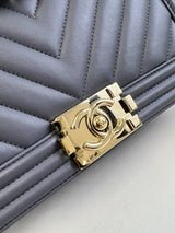 Chanel Charcoal Grey Old Medium Chevron Lambskin Boy Bag with Light Champagne GHW