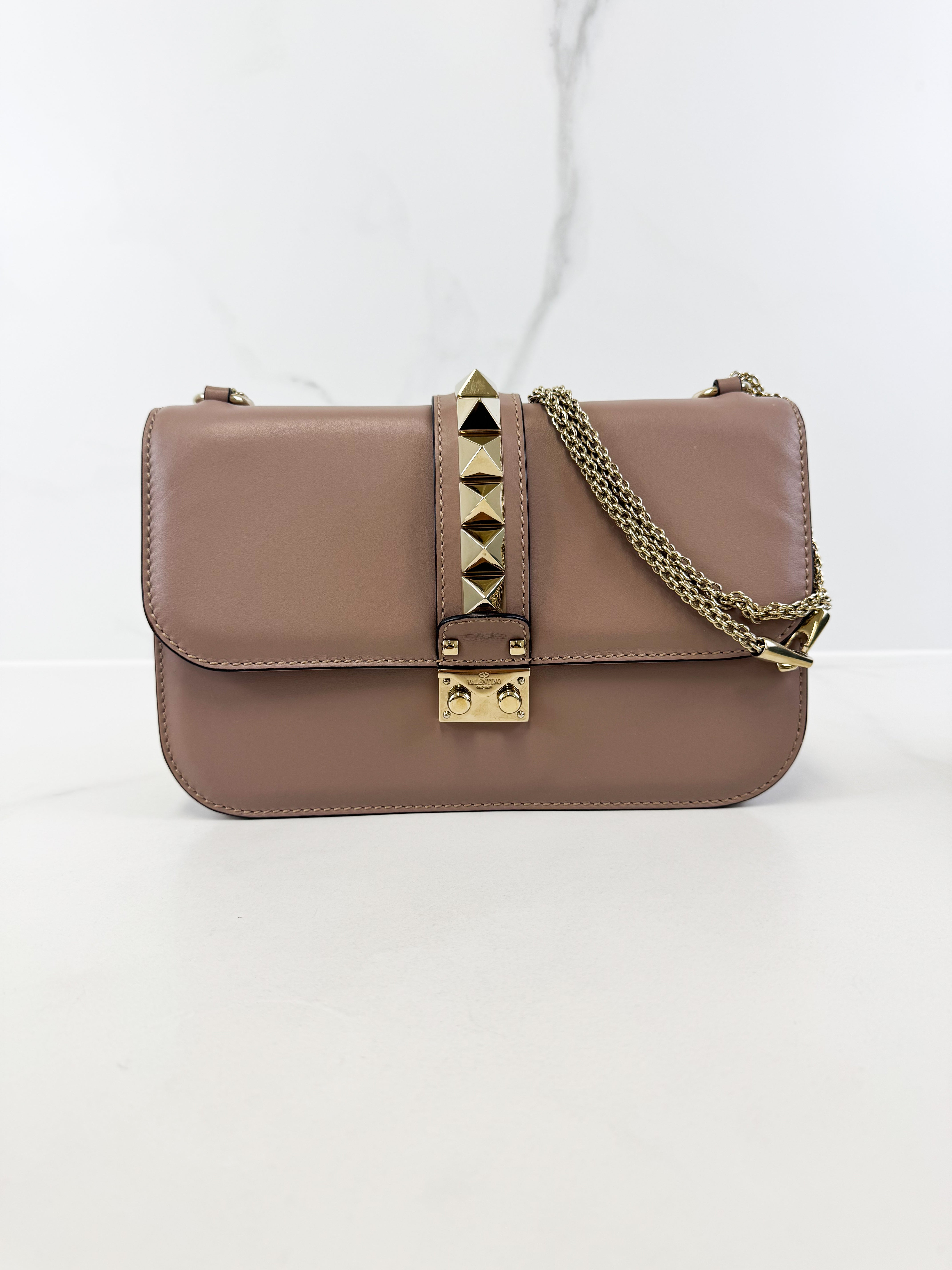 Valentino Garavani Pink Vitello Medium Glam Lock Rockstud Flap Bag