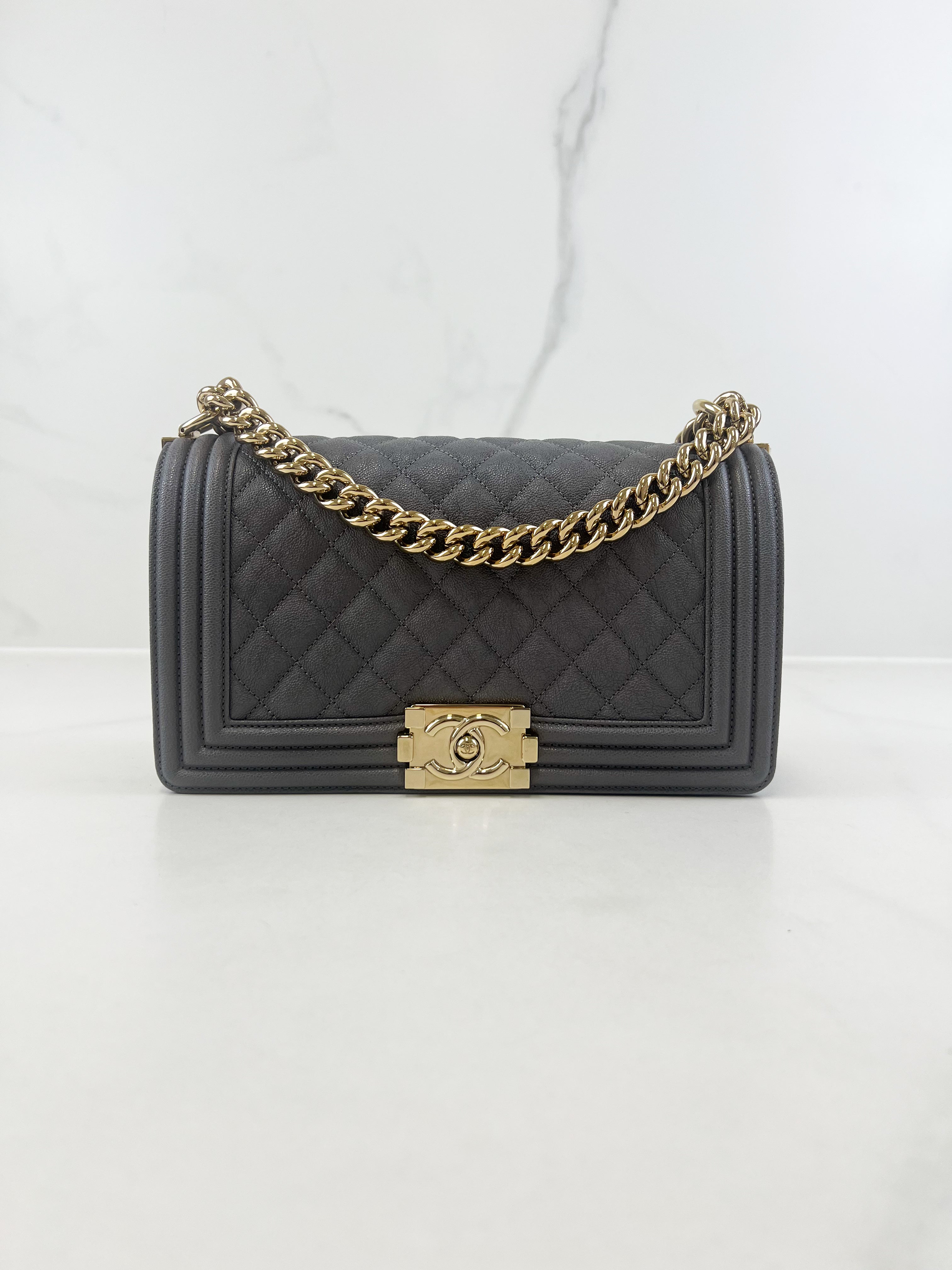 Chanel Grey Old Medium Caviar Boy Bag with Light GHW