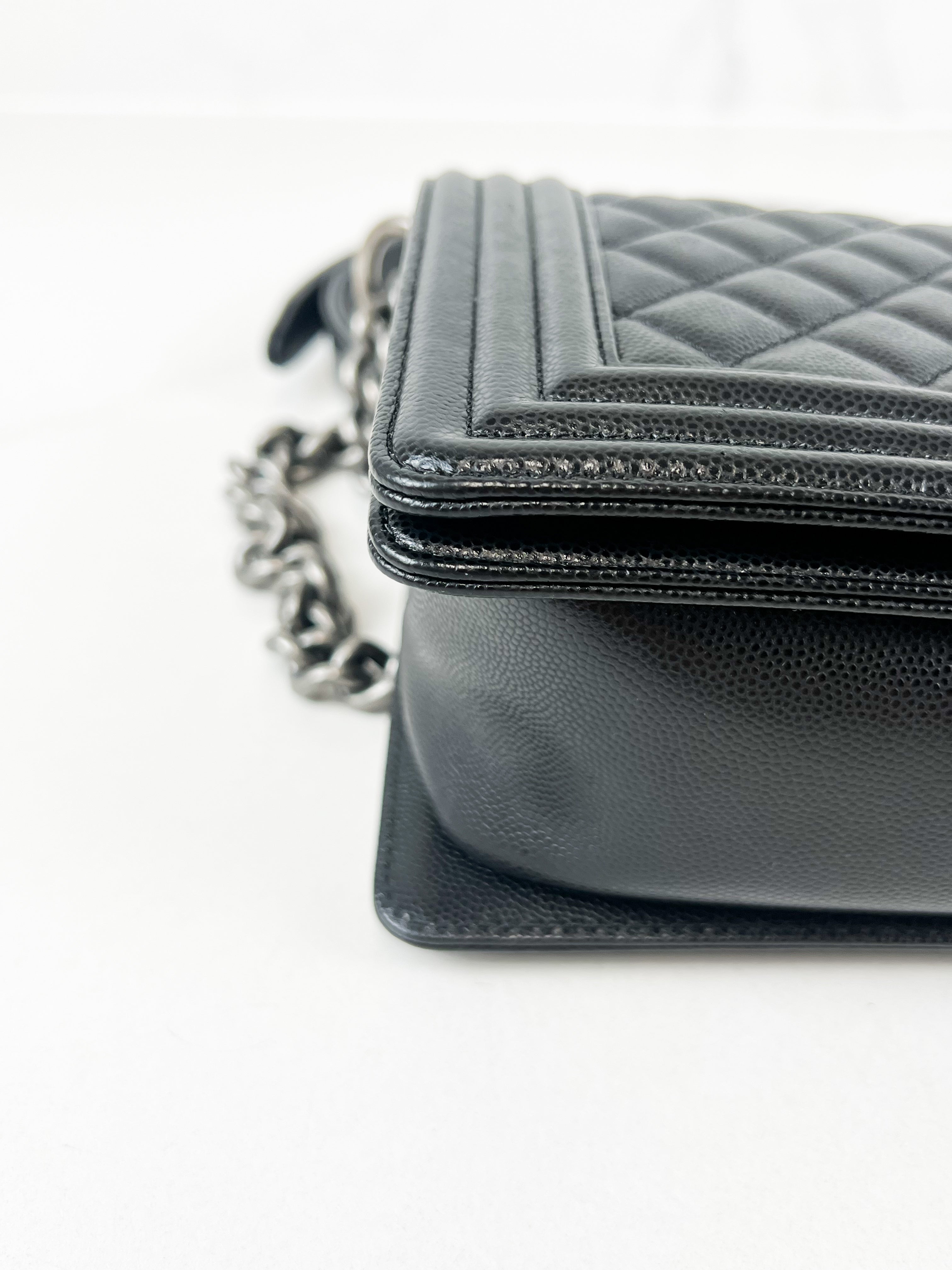 Chanel Old Medium Boy Bag in Black Quilted Caviar with Ruthenium Hardware