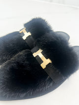Hermes Black Suede Trocadero Mink Fur Mule Size 39