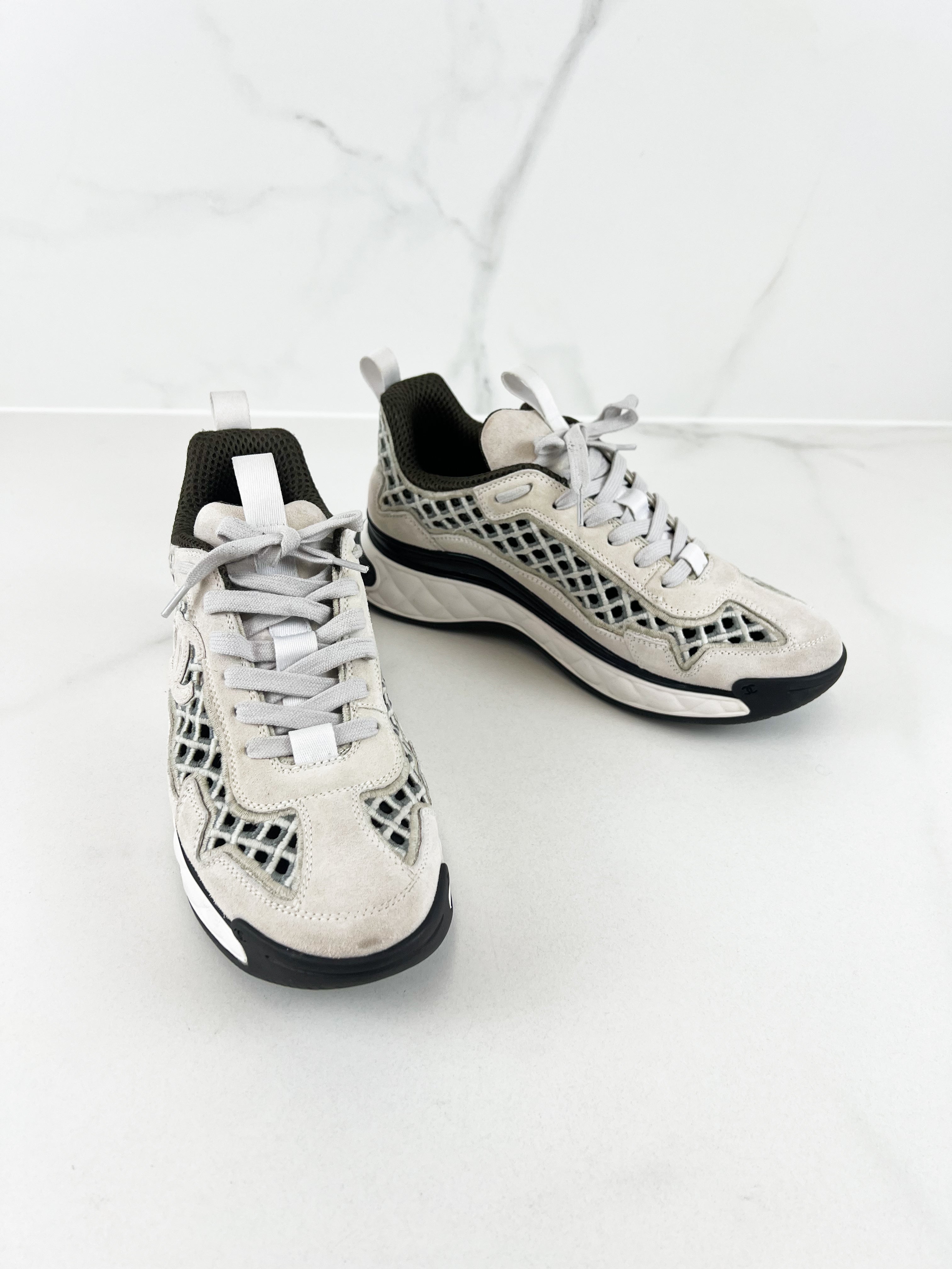 Chanel CC Suede and Embroidered Beige Mesh Sneaker in Size 39