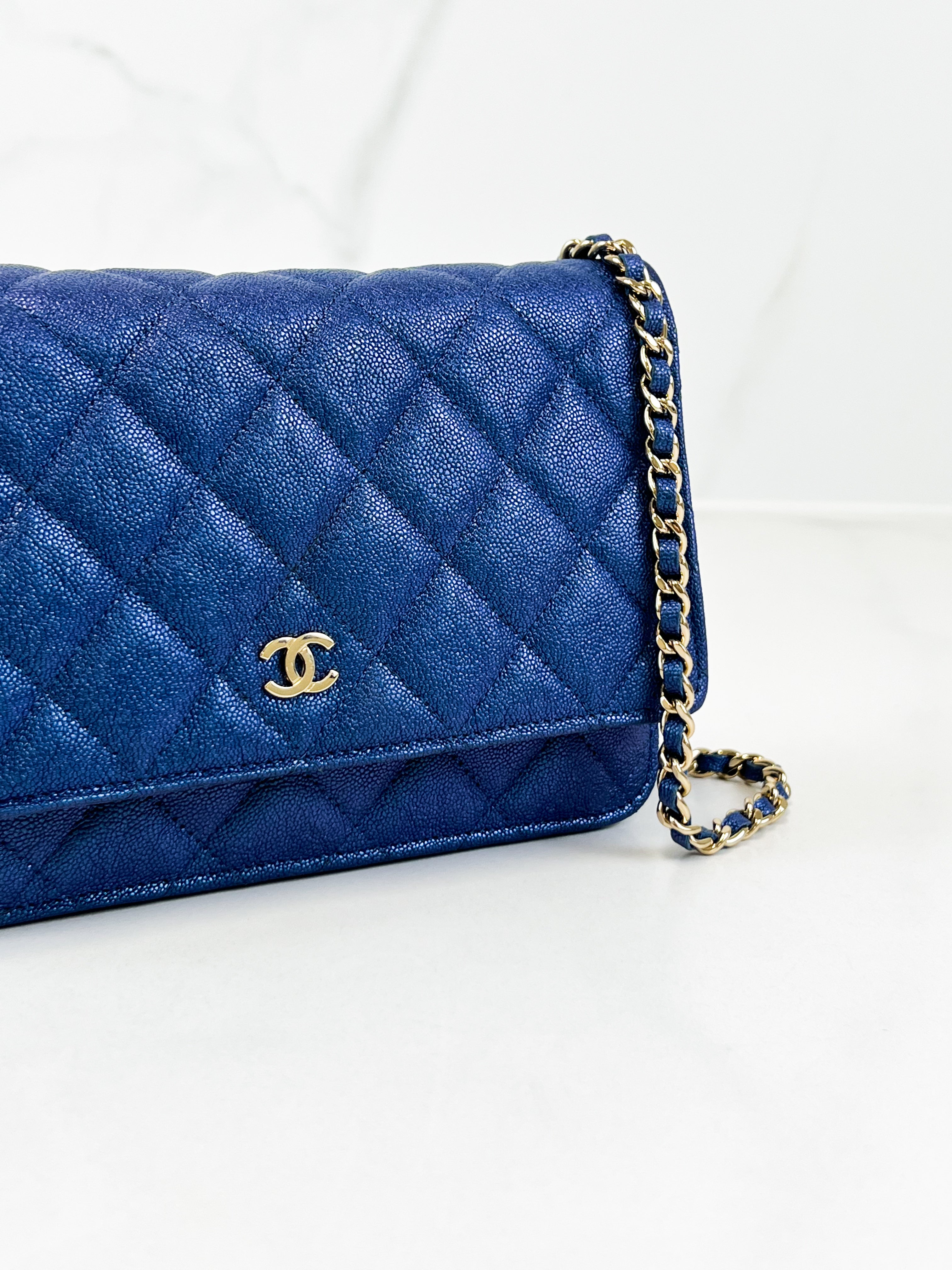 Chanel Metallic Blue Caviar Wallet on Chain with GHW
