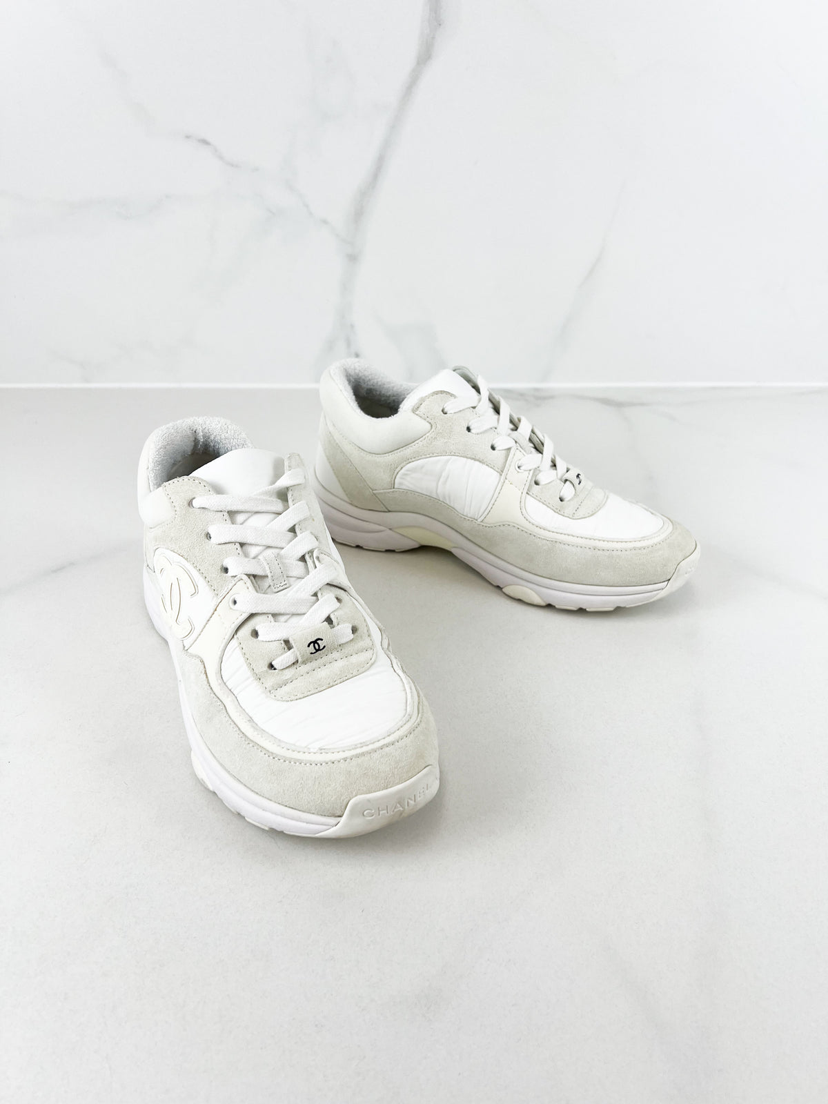 Chanel Fabric & Suede CC Low Top Sneakers In Ivory Size 37.5