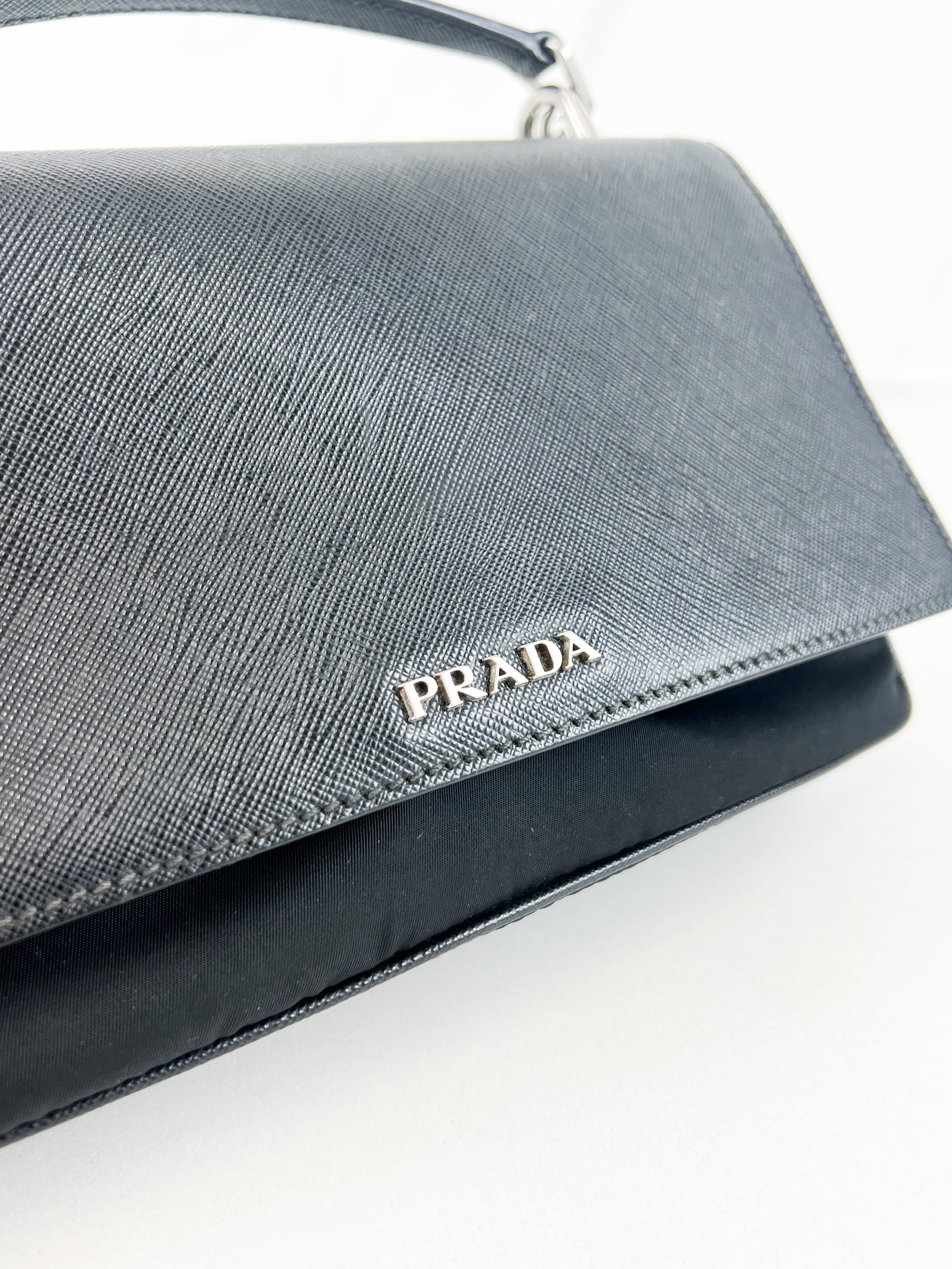 Prada Black Saffiano Leather/ Nylon Medium Chain Shoulder Bag