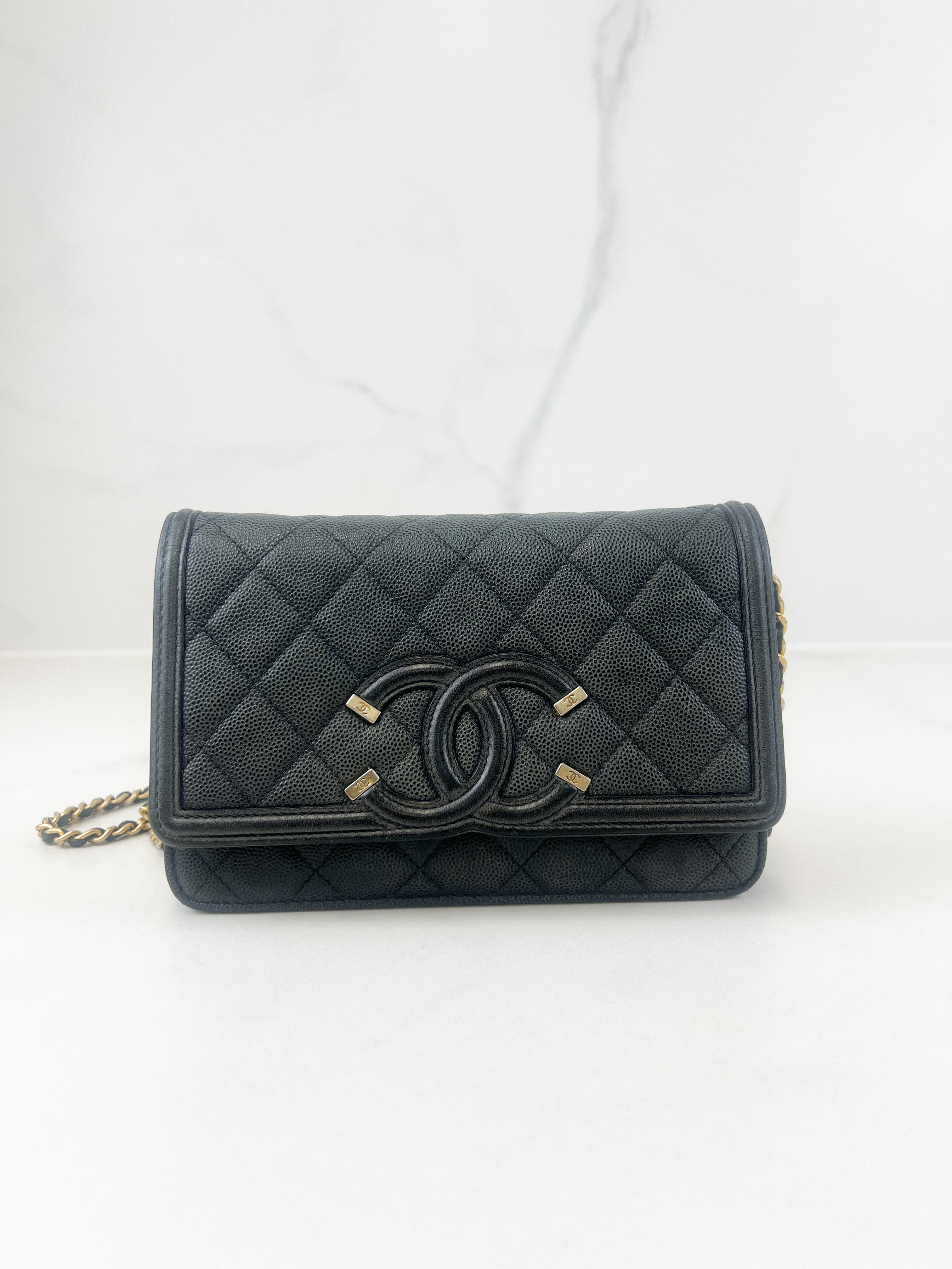 Chanel Black Filigree CC Wallet On Chain