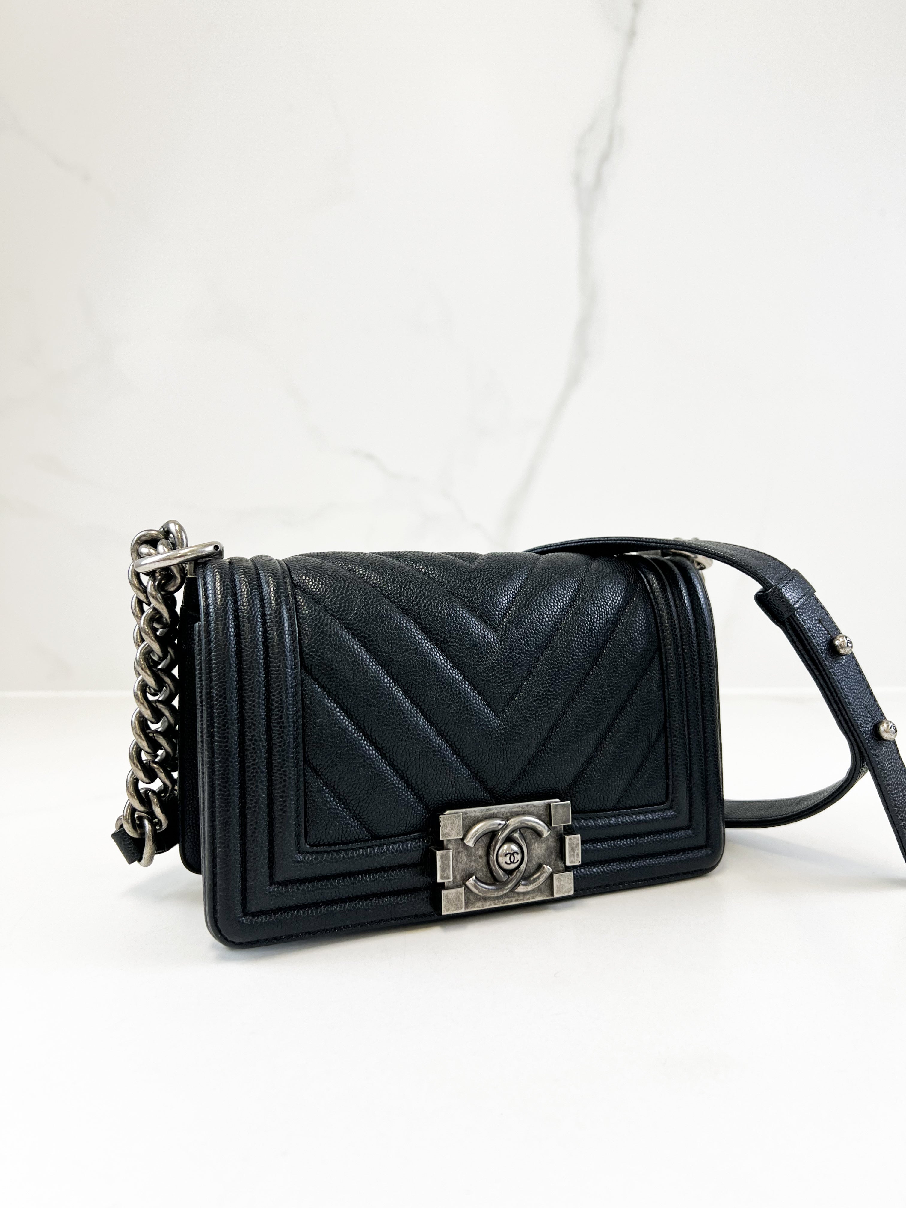 Chanel Caviar Small Chevron Boy Bag with Ruthenium Hardware