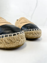 Chanel CC Logo Black & Beige Leather Espadrilles Size 38