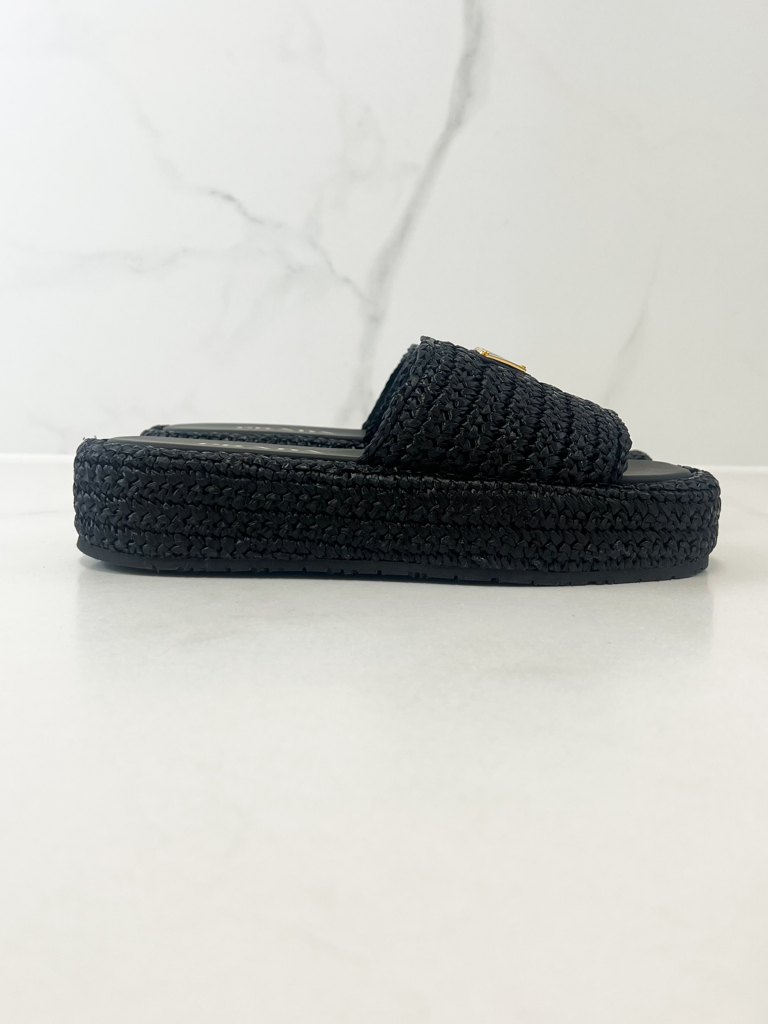 Prada Woven Flatform Sandals in Black Size 37