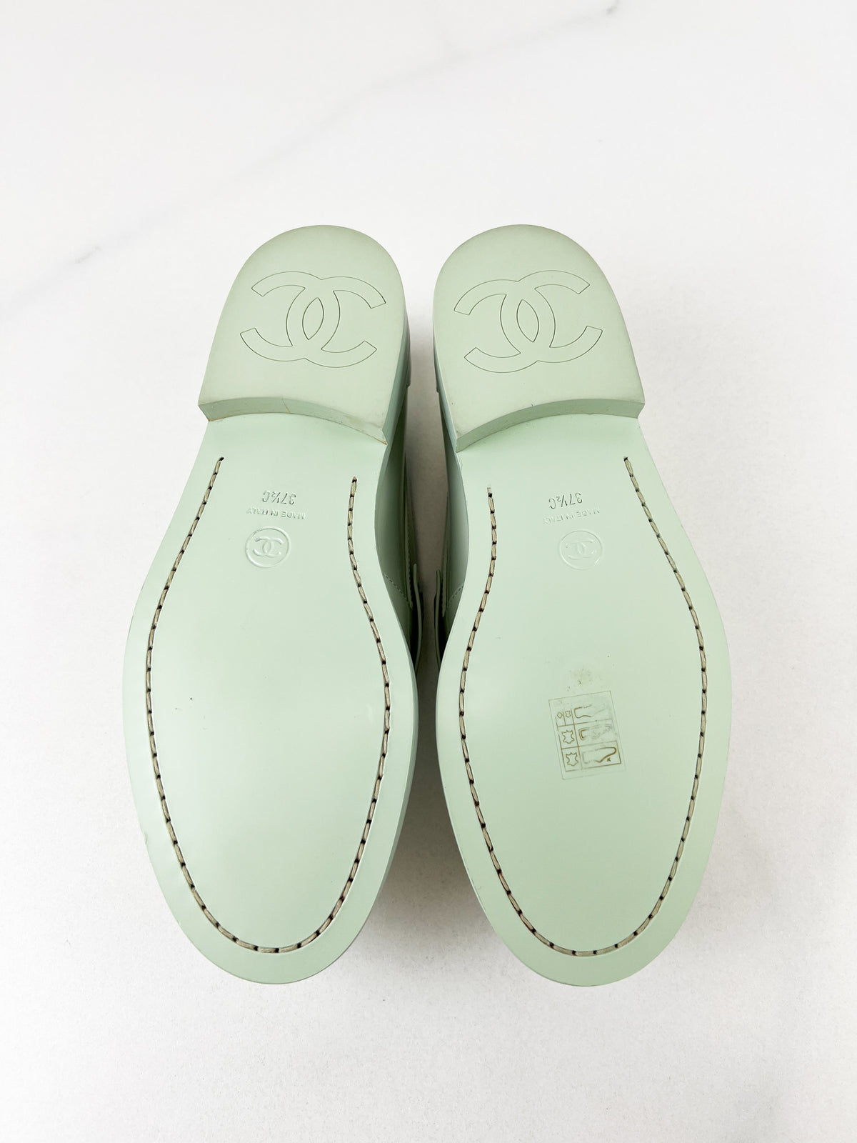Chanel Patent Calf Skin Pale Green Logo Loafer Size 37.5C