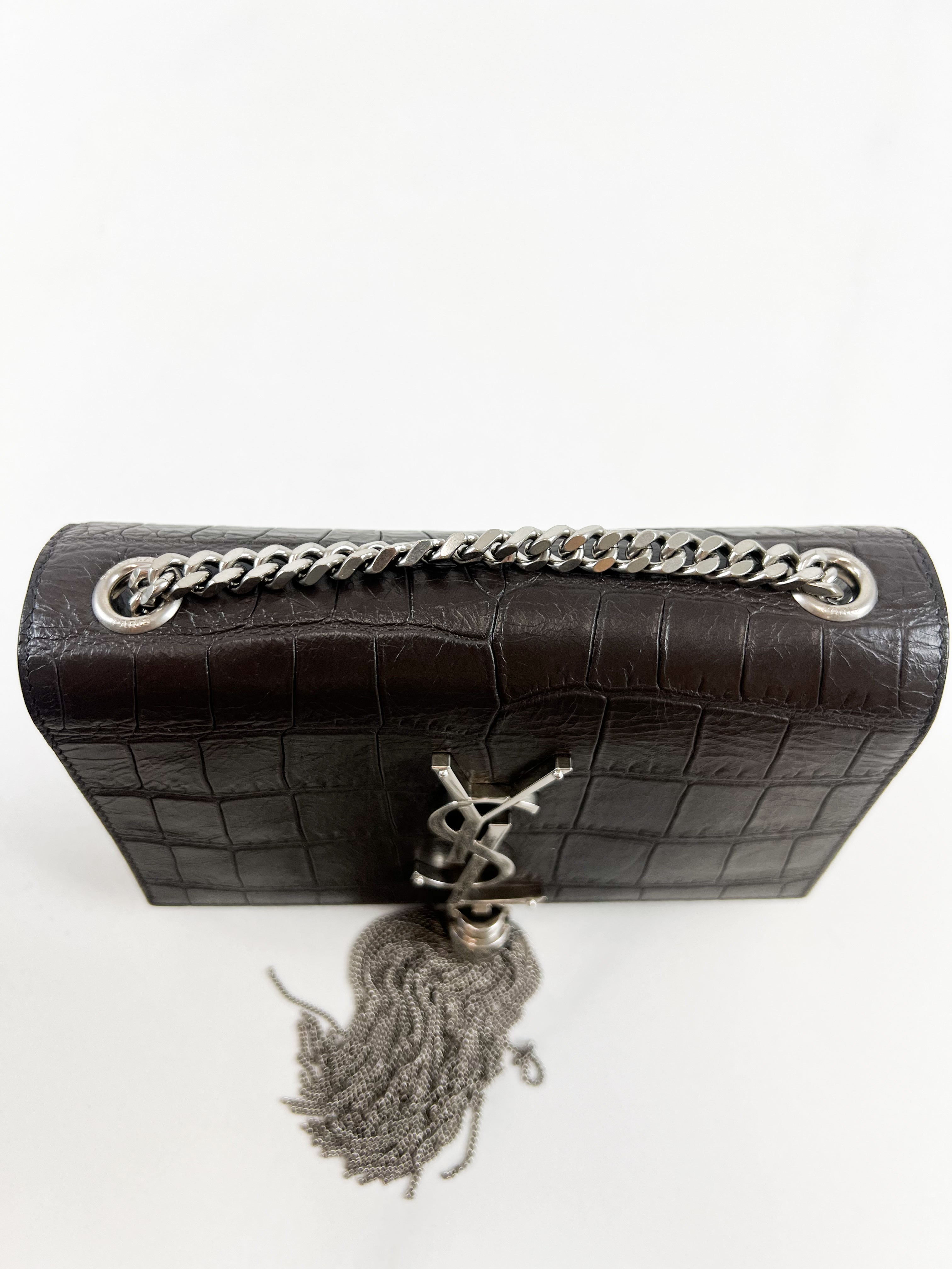 Saint Laurent Mini Kate Croc Embossed with SHW Tassel in Charcoal Brown