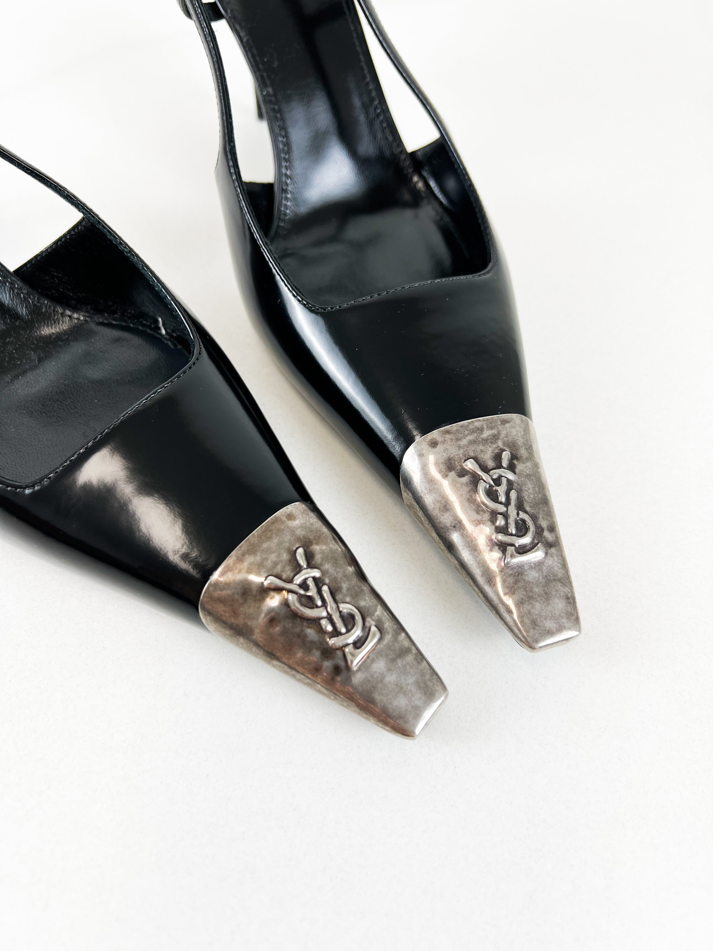 Saint Laurent Jenne Leather Pumps with Silver-tone Metal Cap Toe Size 36