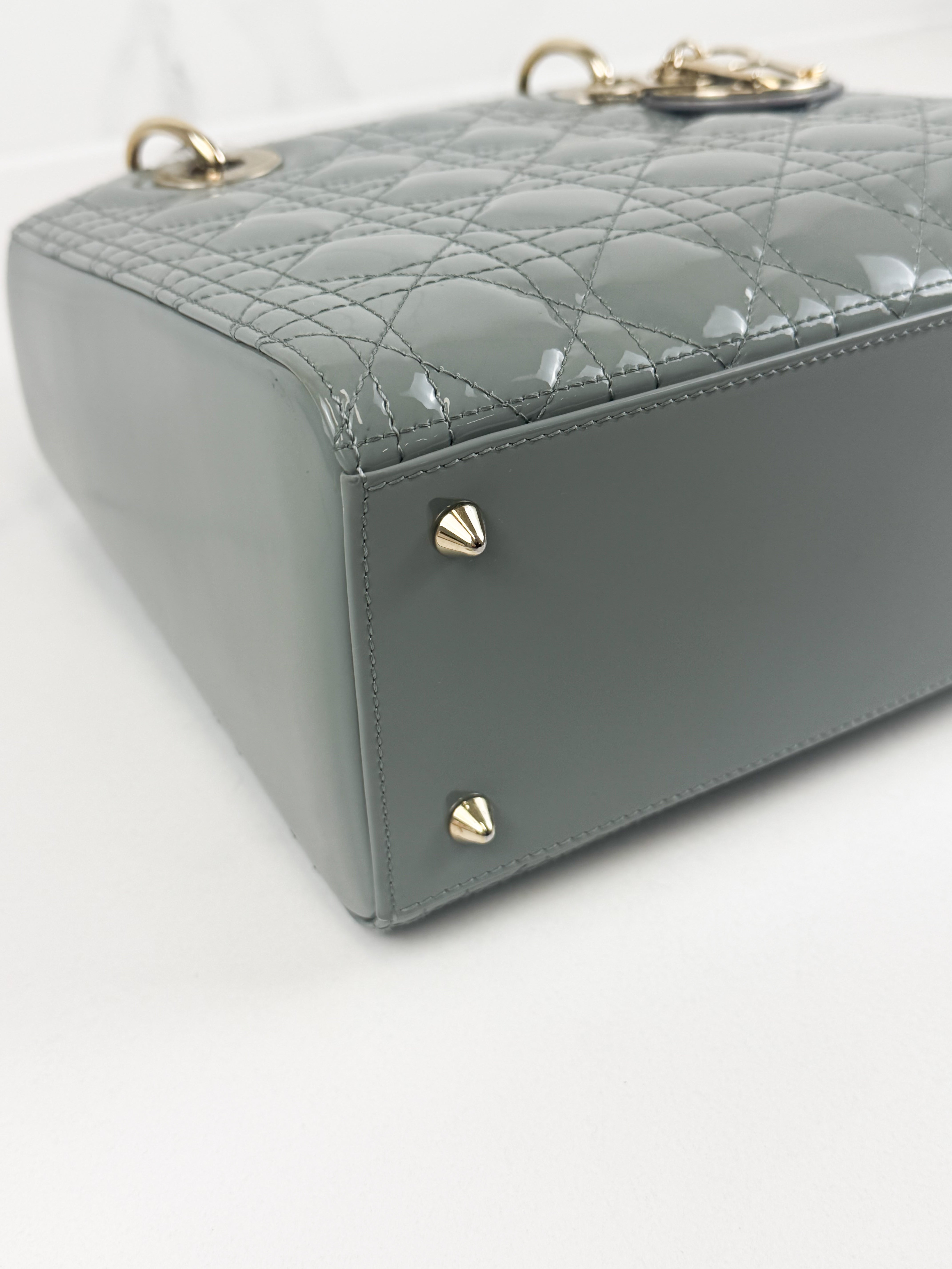 Christian Dior Medium Lady Dior In Grey Patent with GHW