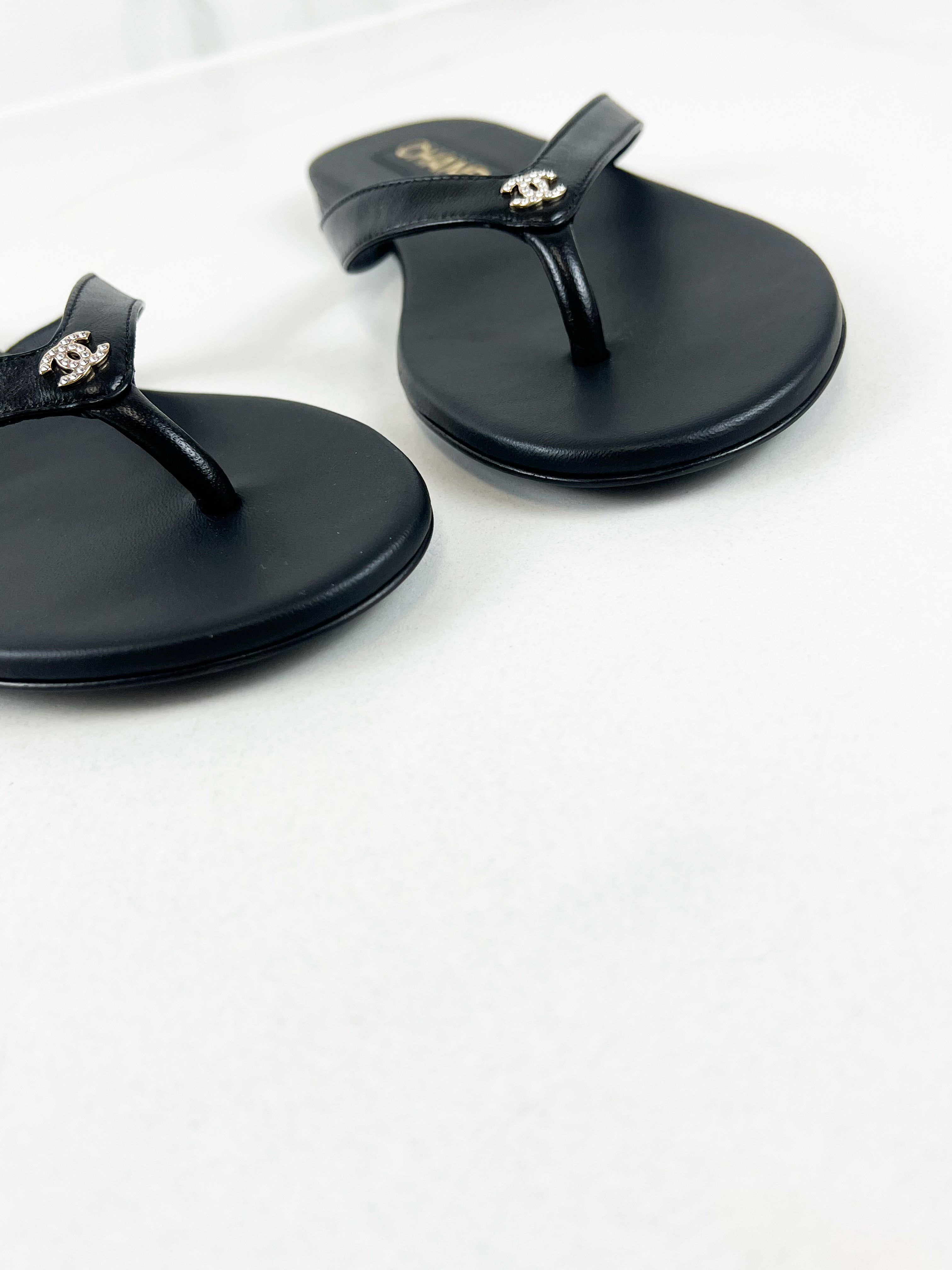 Chanel Shiny Lambskin Crystal CC Thong Sandal Size 36C