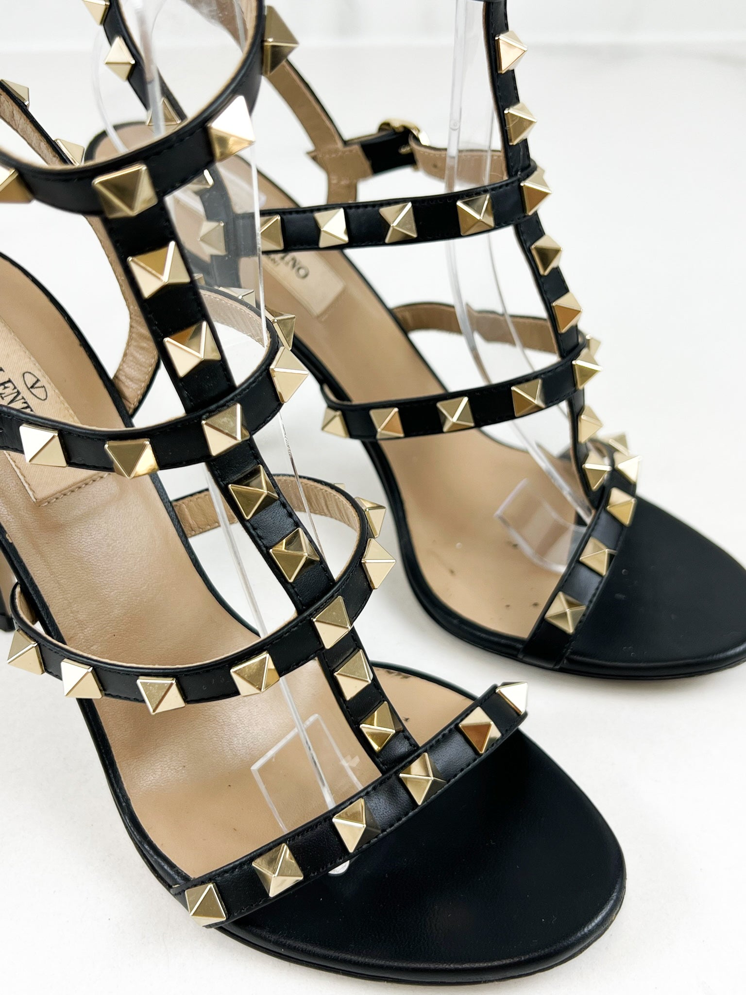 Valentino Garavani Caged Black Rockstud Ankle Strap Sandal Size 36.5