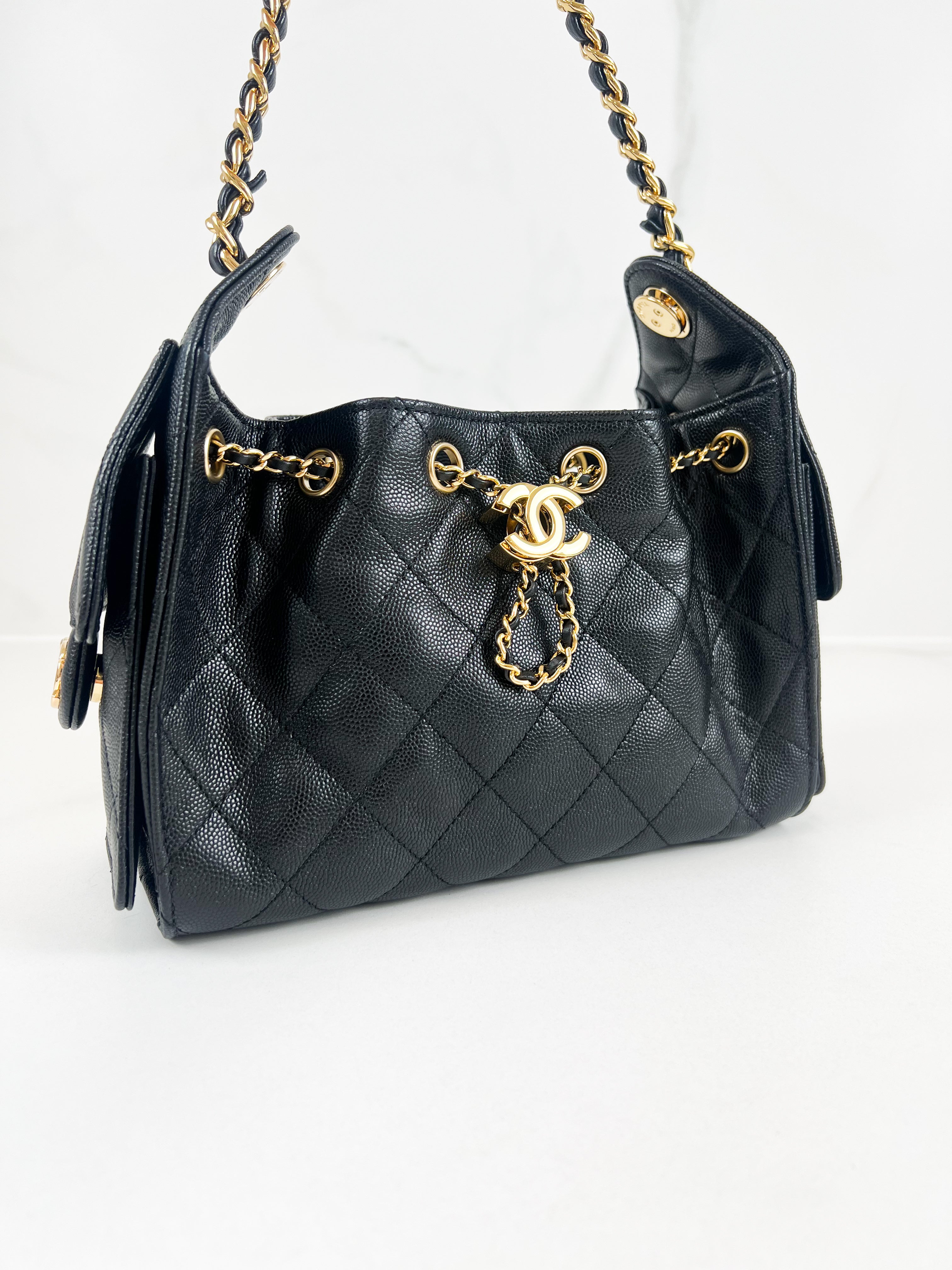 Chanel 25 Mini Handbag in Black Grained Calfskin & Gold-Tone Metal