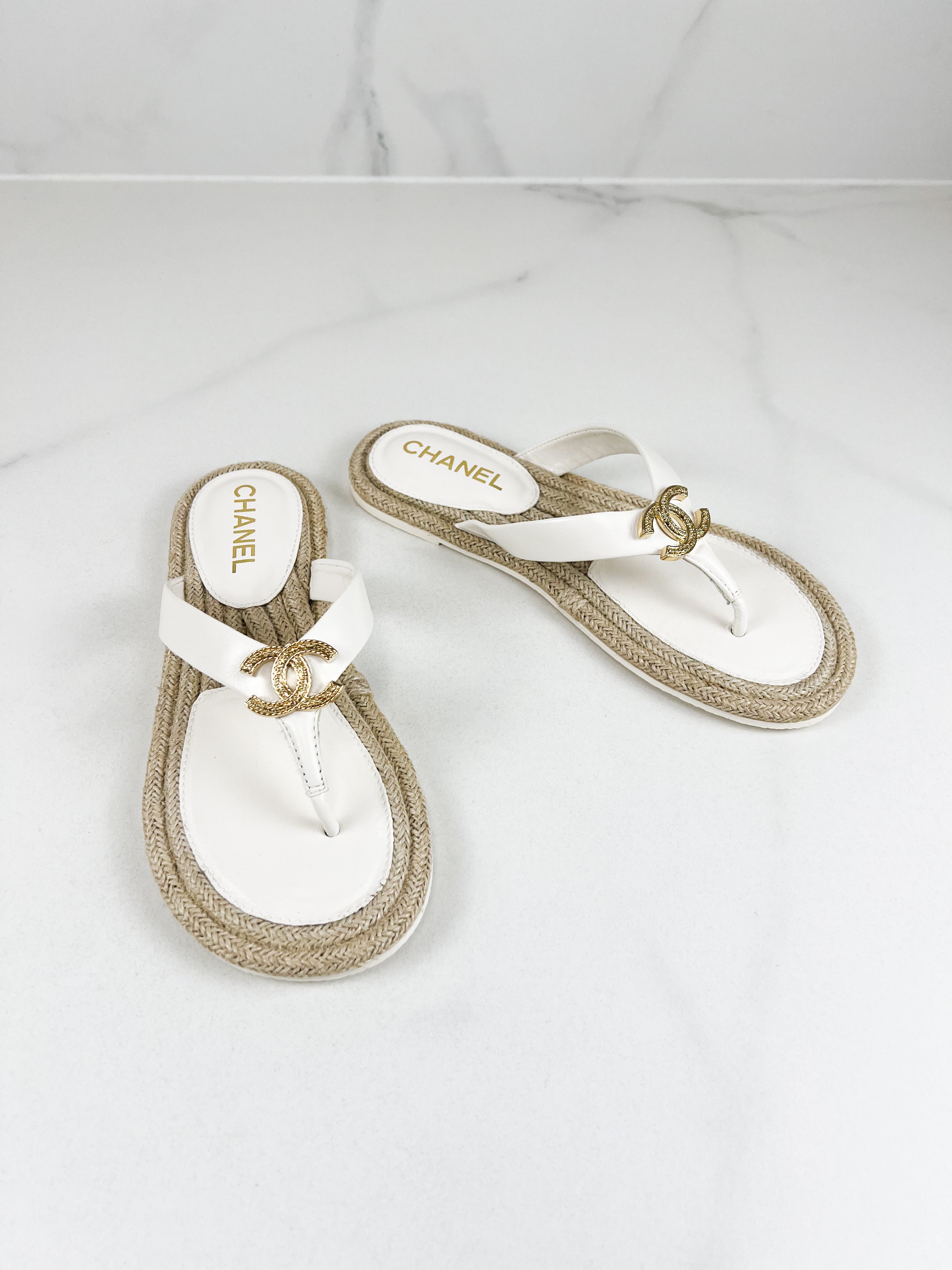 Chanel White Raffia Thong Sandal with CC Logo GHW Size 39