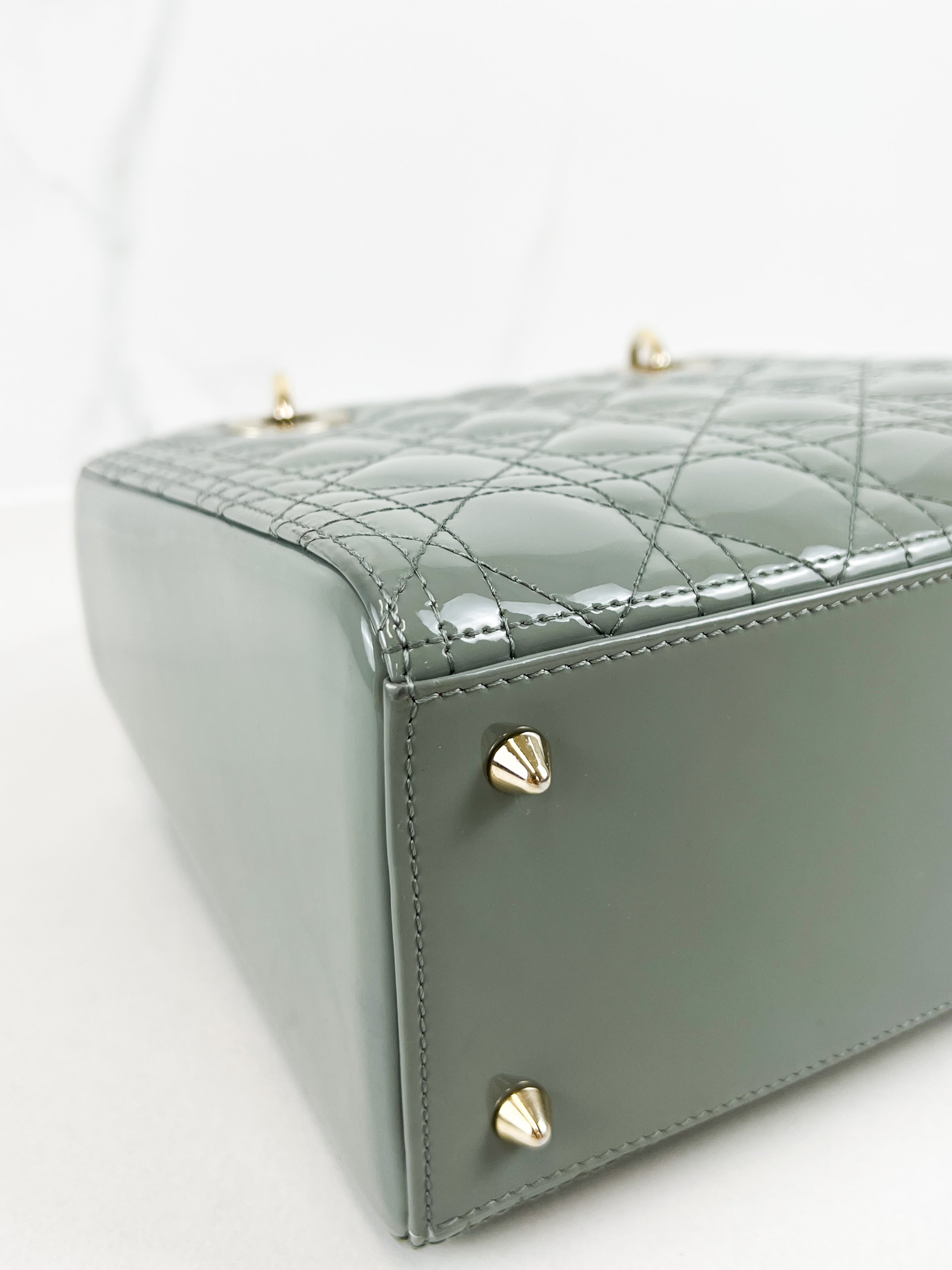 Christian Dior Medium Lady Dior In Grey Patent with GHW