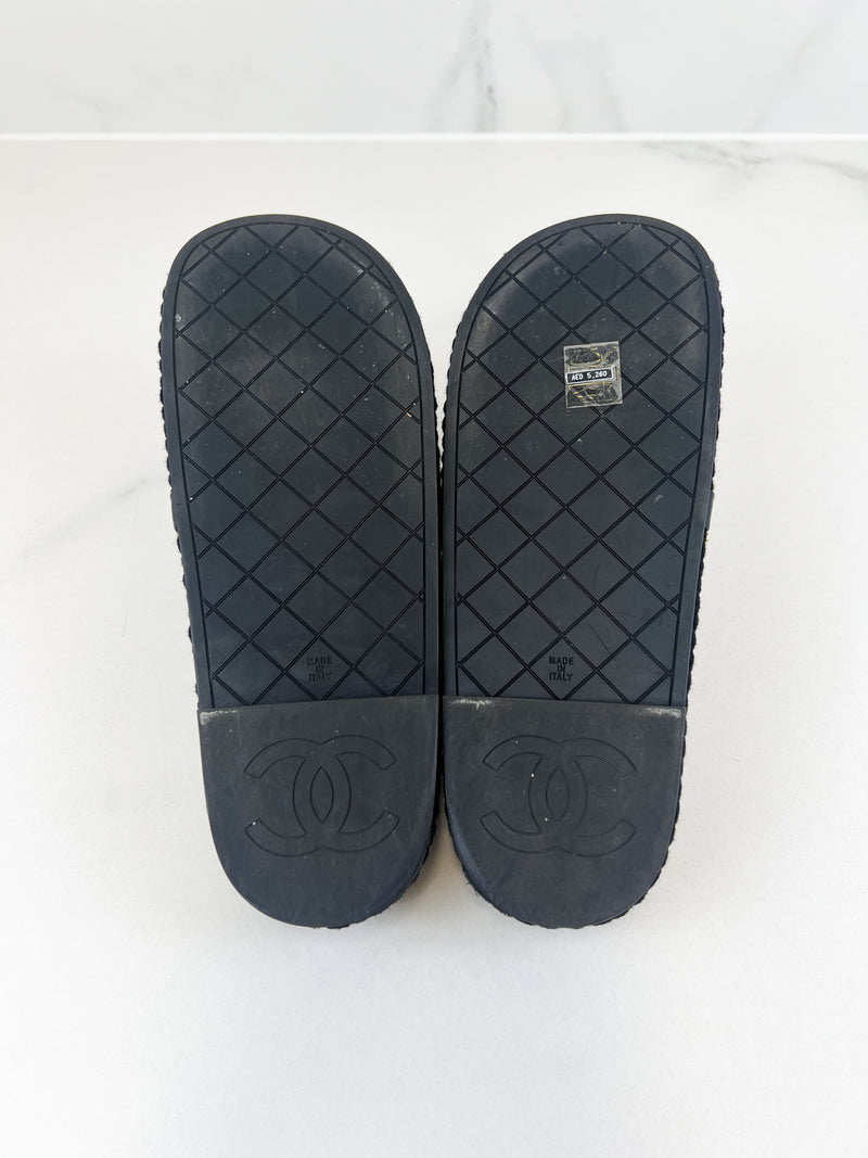 Chanel Black/Gold Woven Slides Size 38