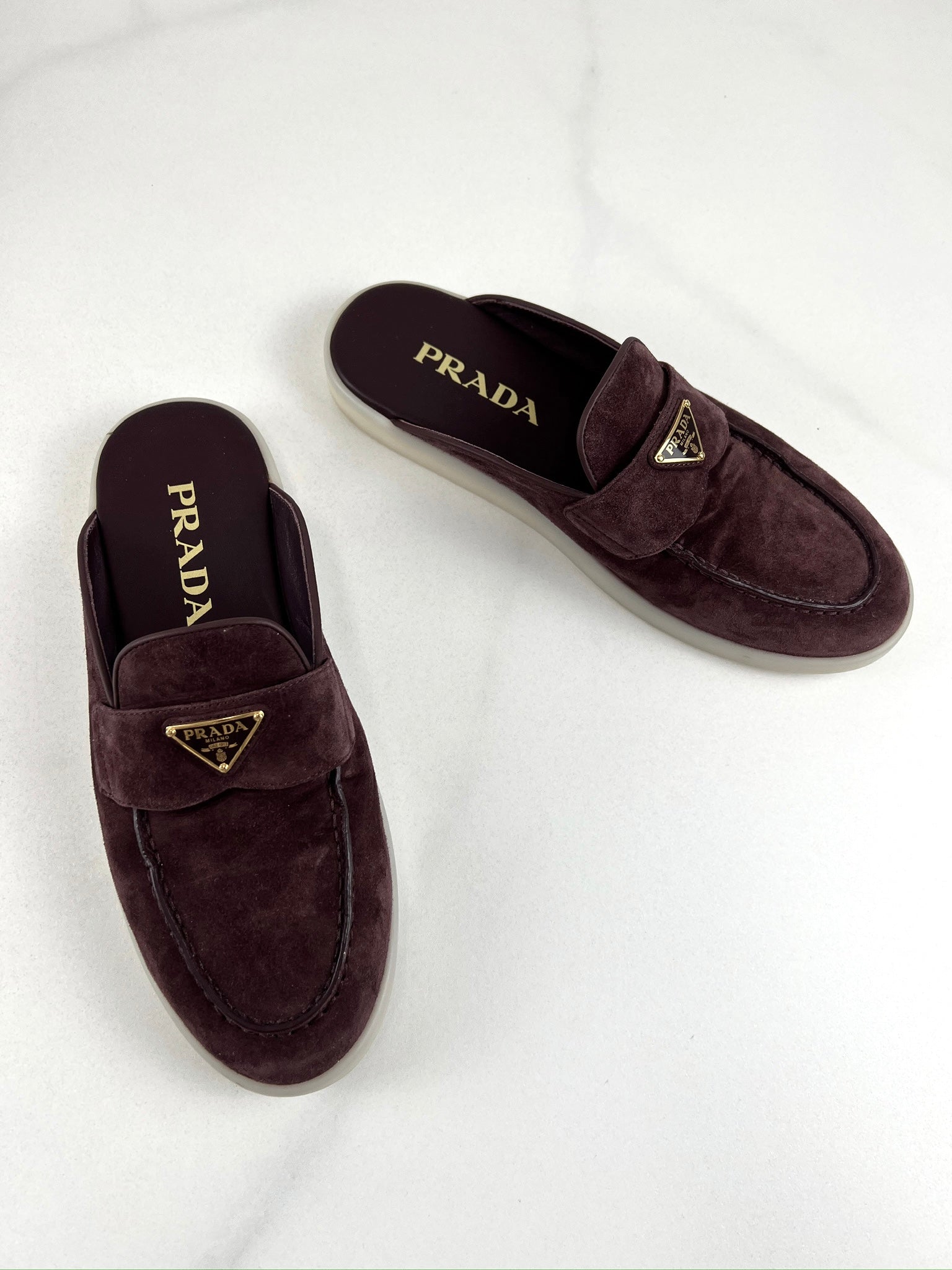 Prada Burgundy Suede Logo Mules Size 38