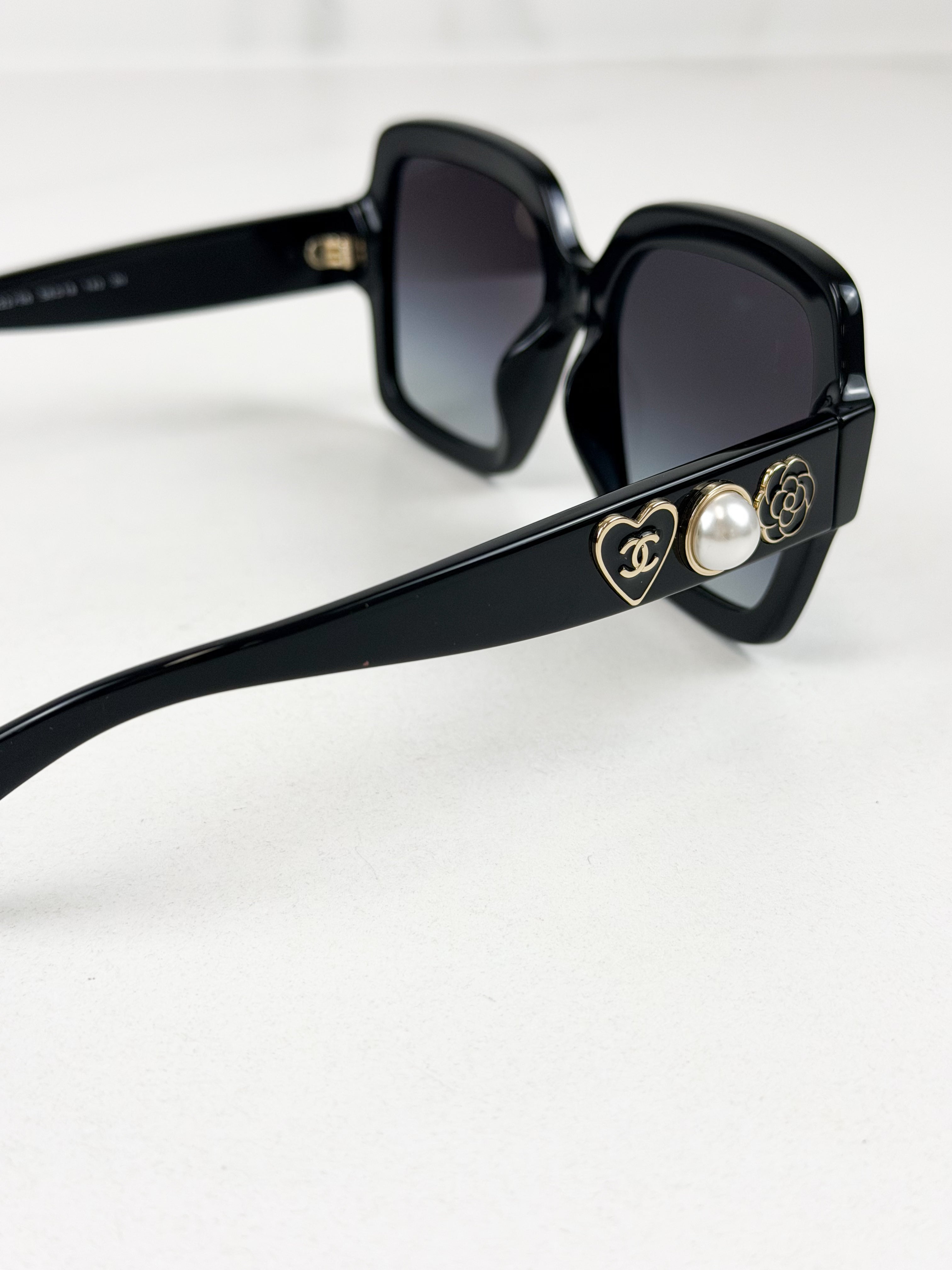 Chanel Black Acetate Charms Pearl Square Sunglasses 5479-A