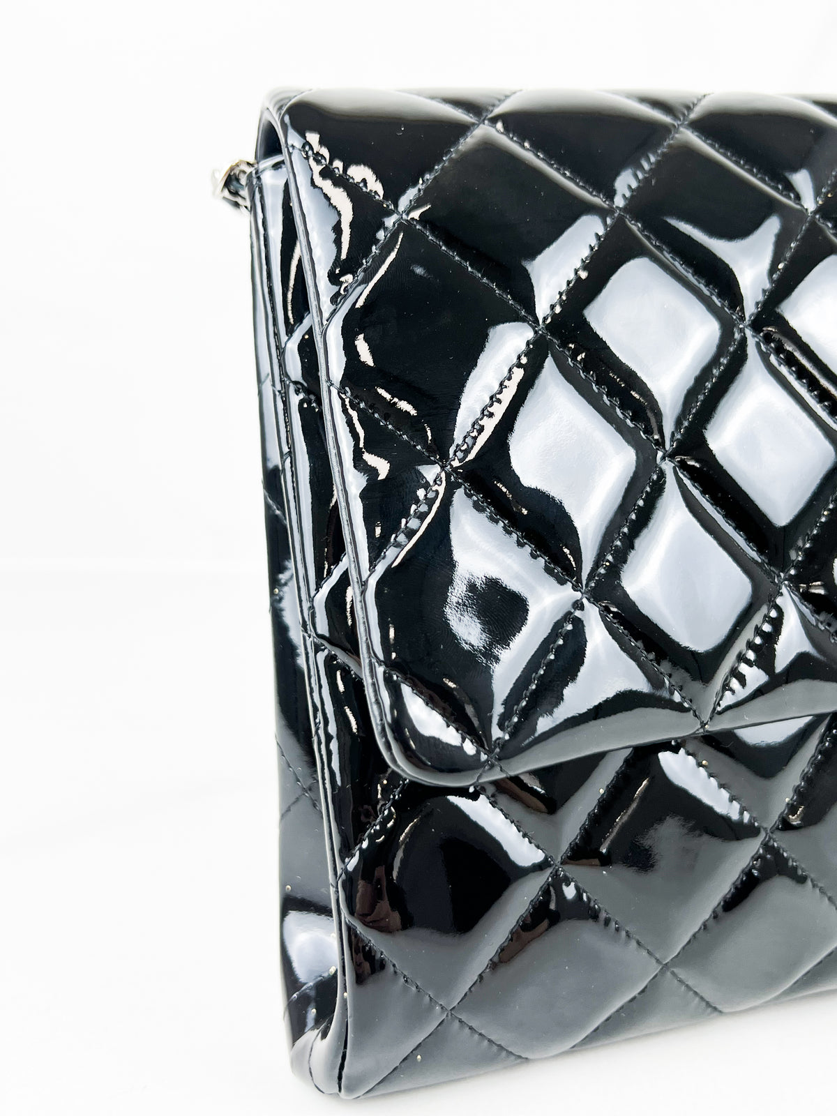 Chanel Black Quilted Patent Leather Clutch-with-Chain SHW