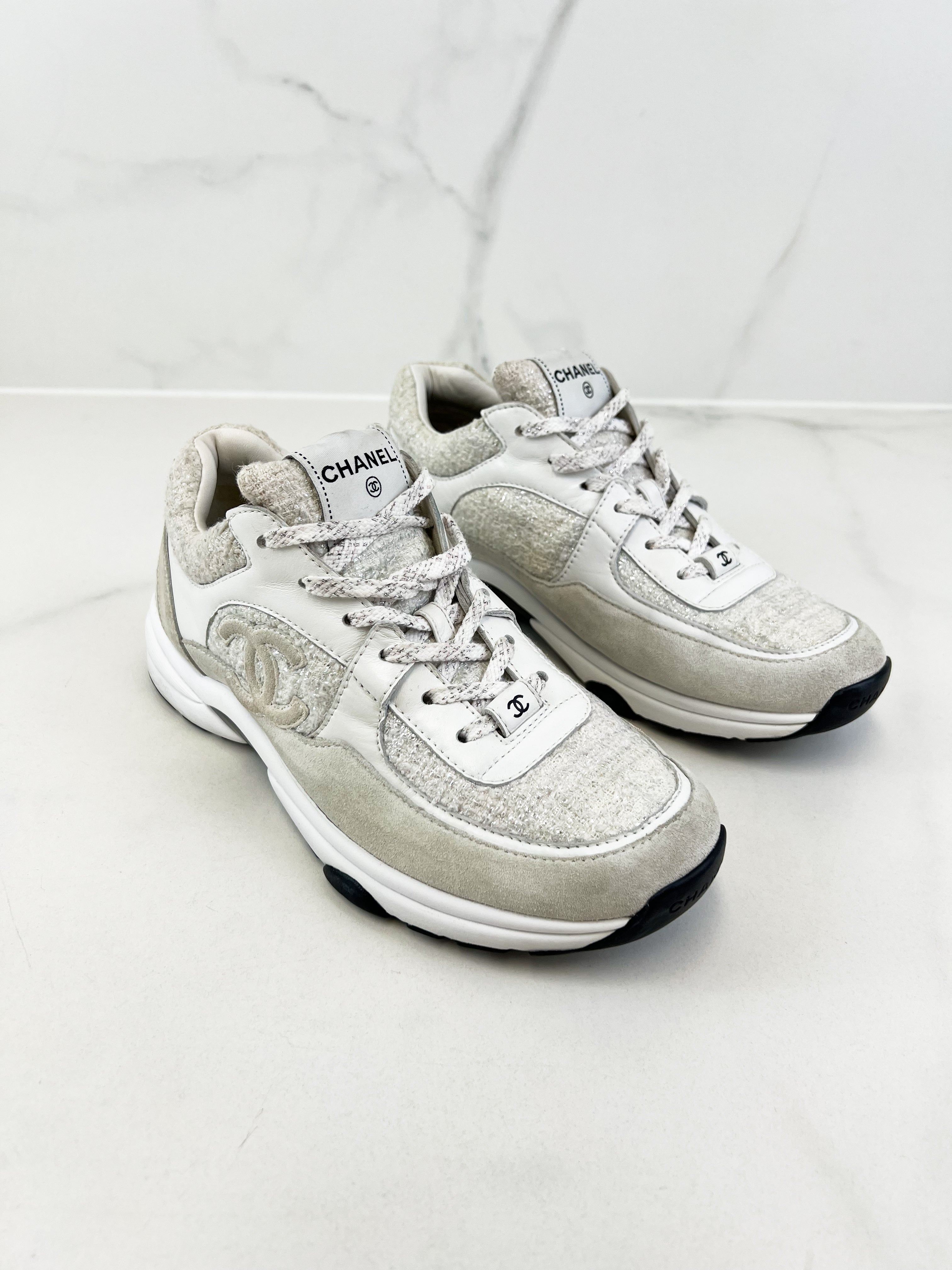 Chanel CC Tweed White/Silver Iridescent Sneaker Size 40