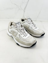 Chanel CC Tweed White/Silver Iridescent Sneaker Size 40