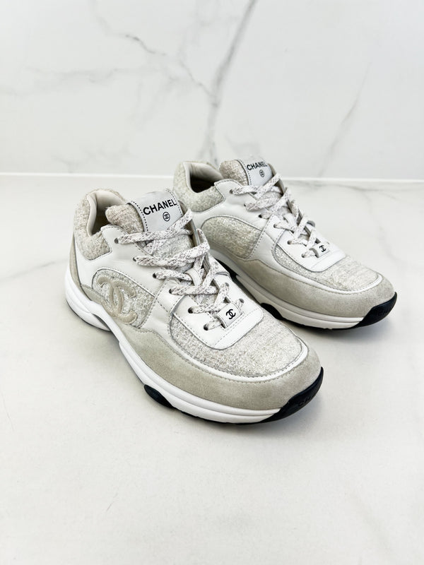 Chanel CC Tweed White/Silver Iridescent Sneaker Size 40
