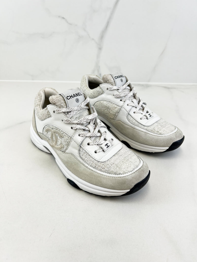 Chanel CC Tweed White/Silver Iridescent Sneaker Size 40