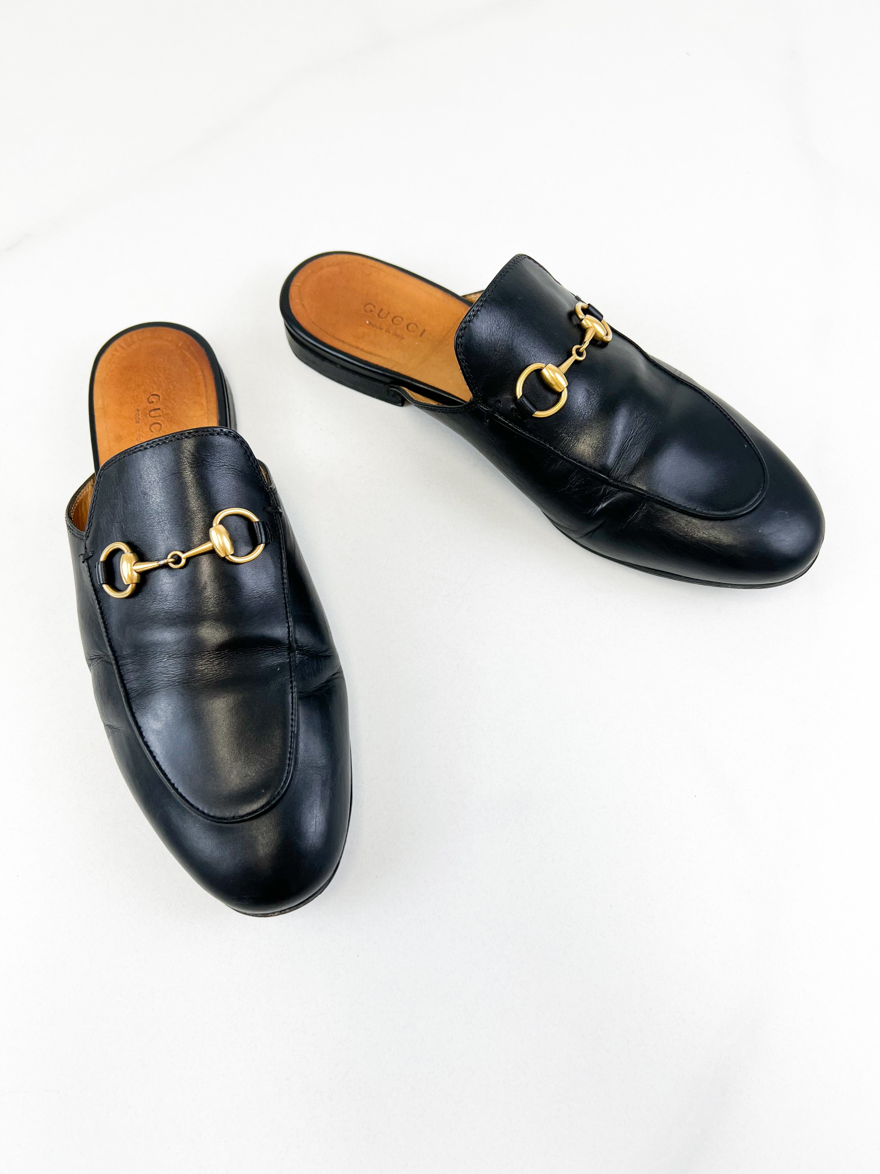 Gucci Black Leather Princetown Horsebit Slipper Size 37.5