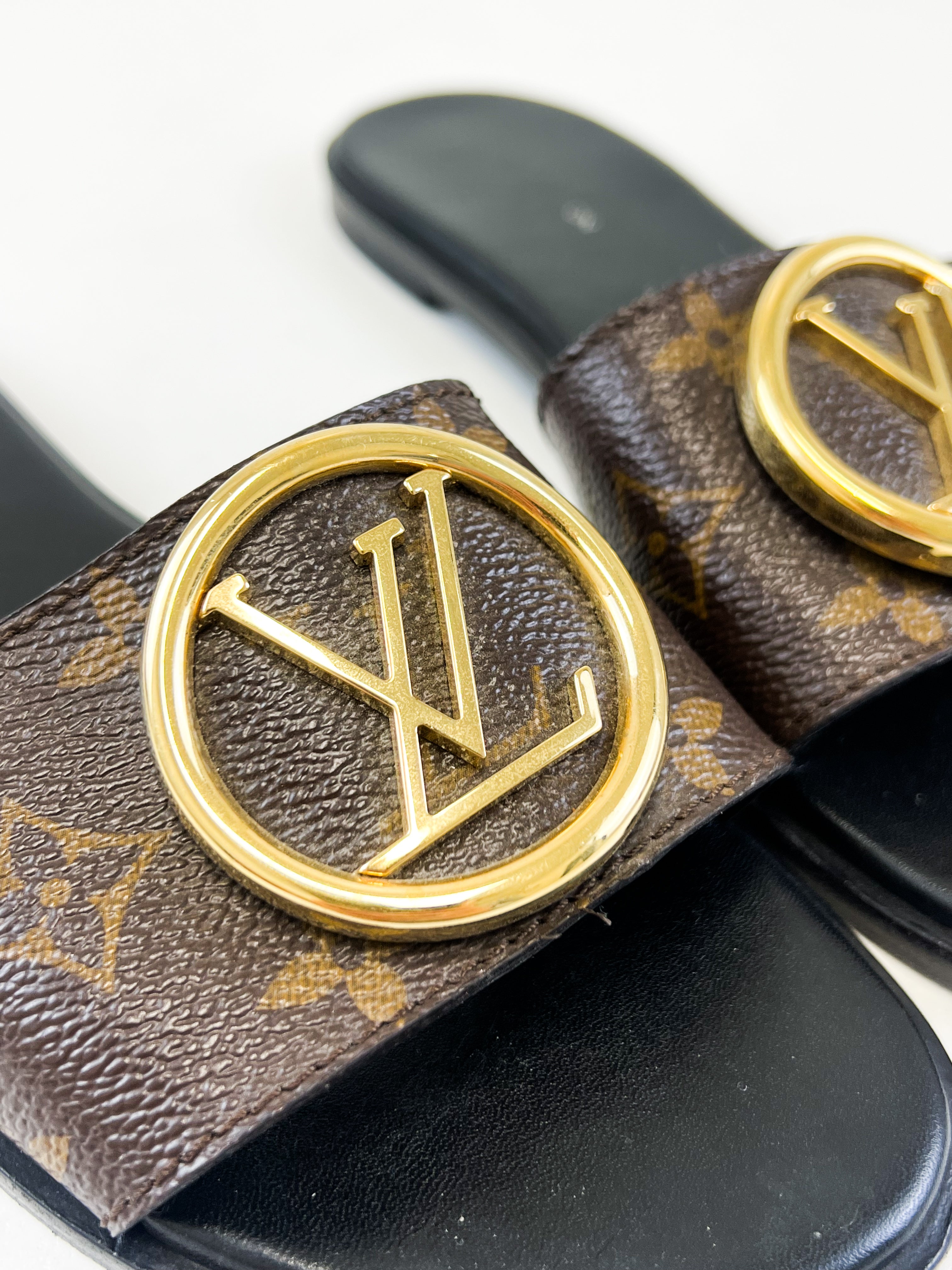 Louis Vuitton Monogram Lock It Flat Slides Size 37