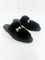 Hermes Black Suede Trocadero Mink Fur Mule Size 39