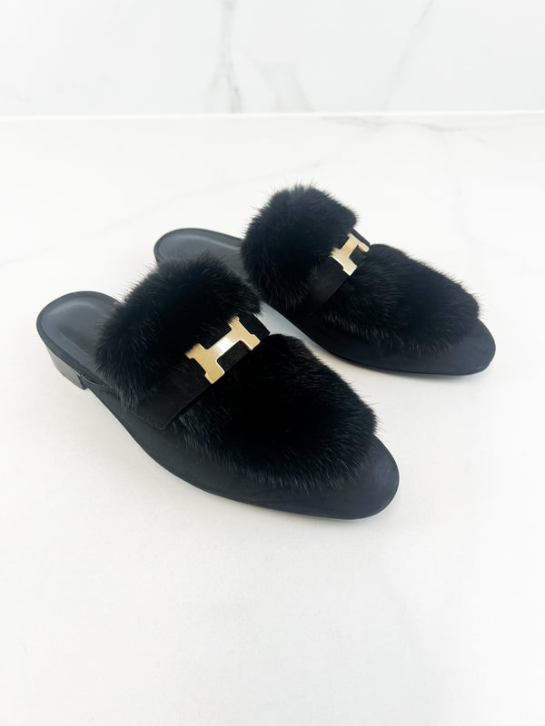 Hermes Black Suede Trocadero Mink Fur Mule Size 39