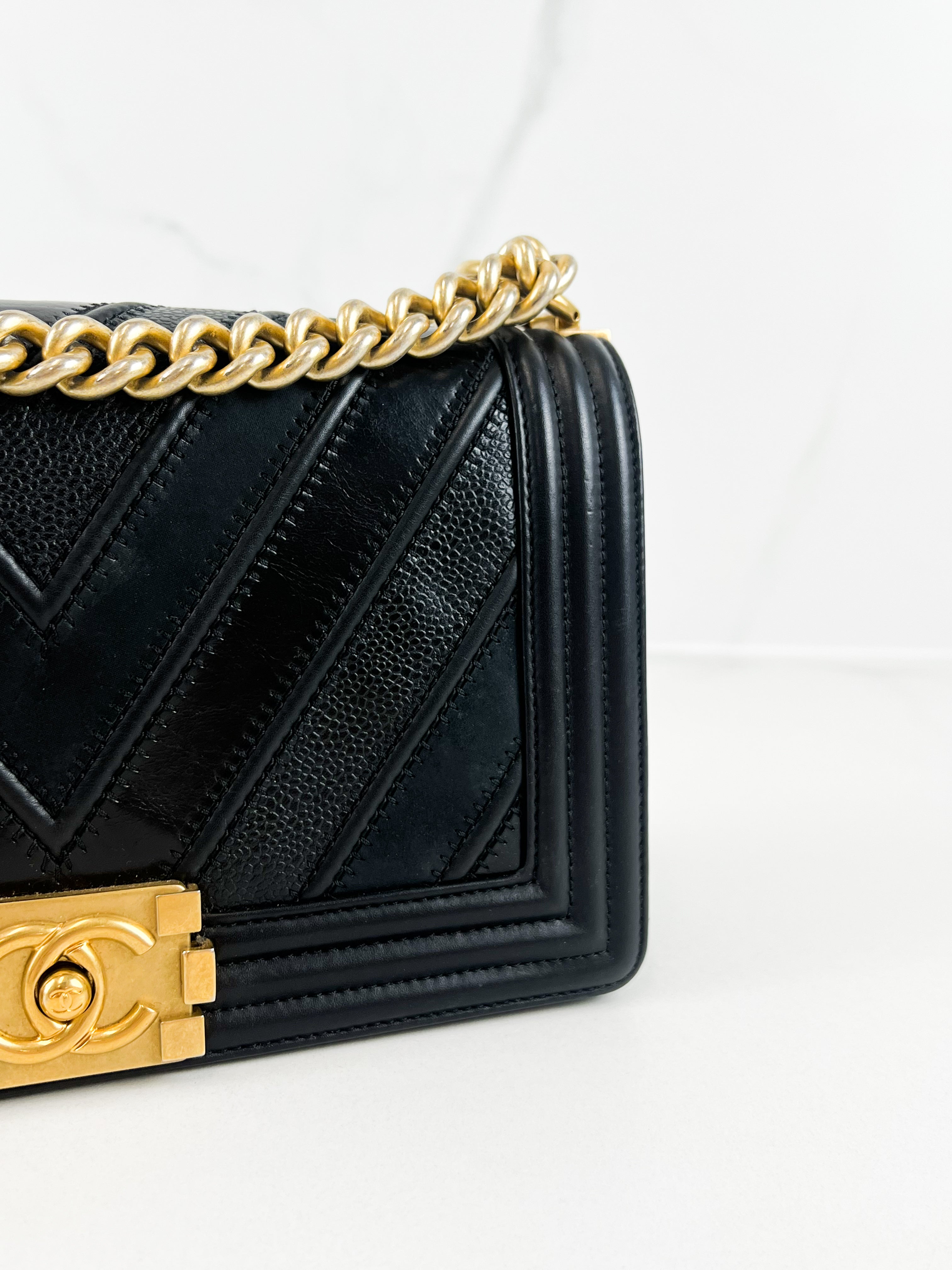 Chanel Old Medium Boy Bag in Black Chevron Calfskin with Vintage GHW