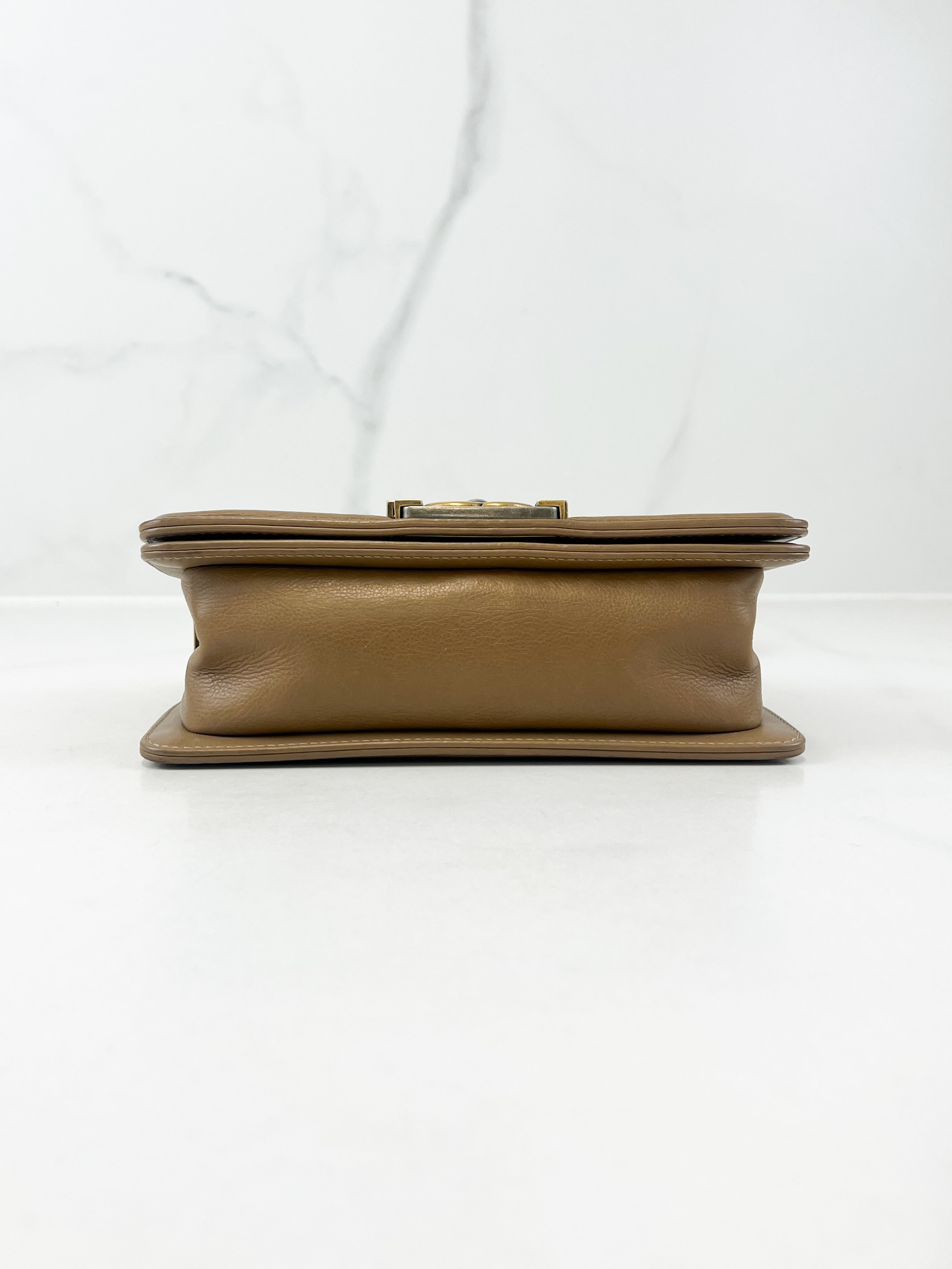 Chanel Small Beige Boy Bag Calfskin Ruthenium & Gold HW