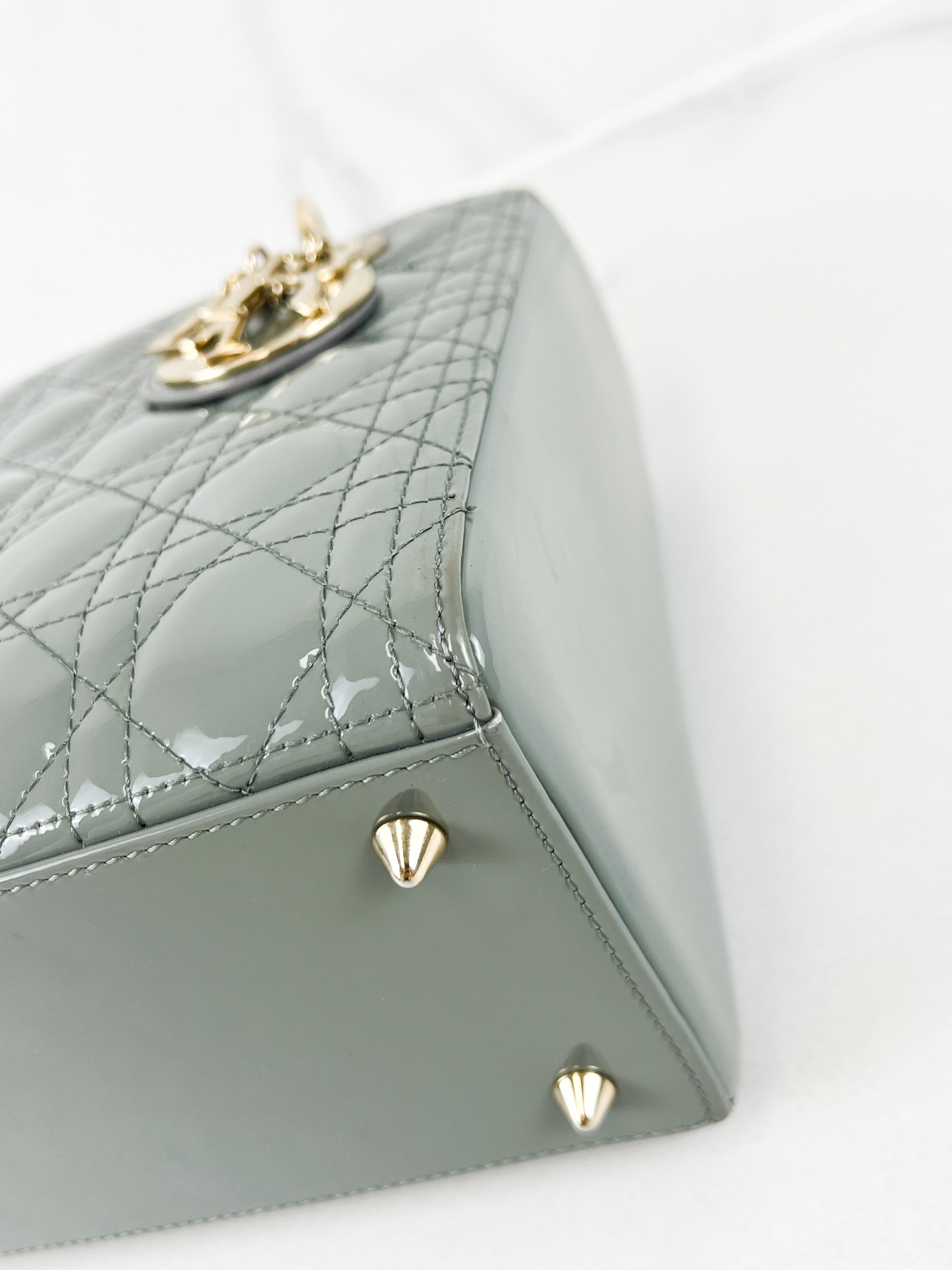 Christian Dior Medium Lady Dior In Grey Patent with GHW