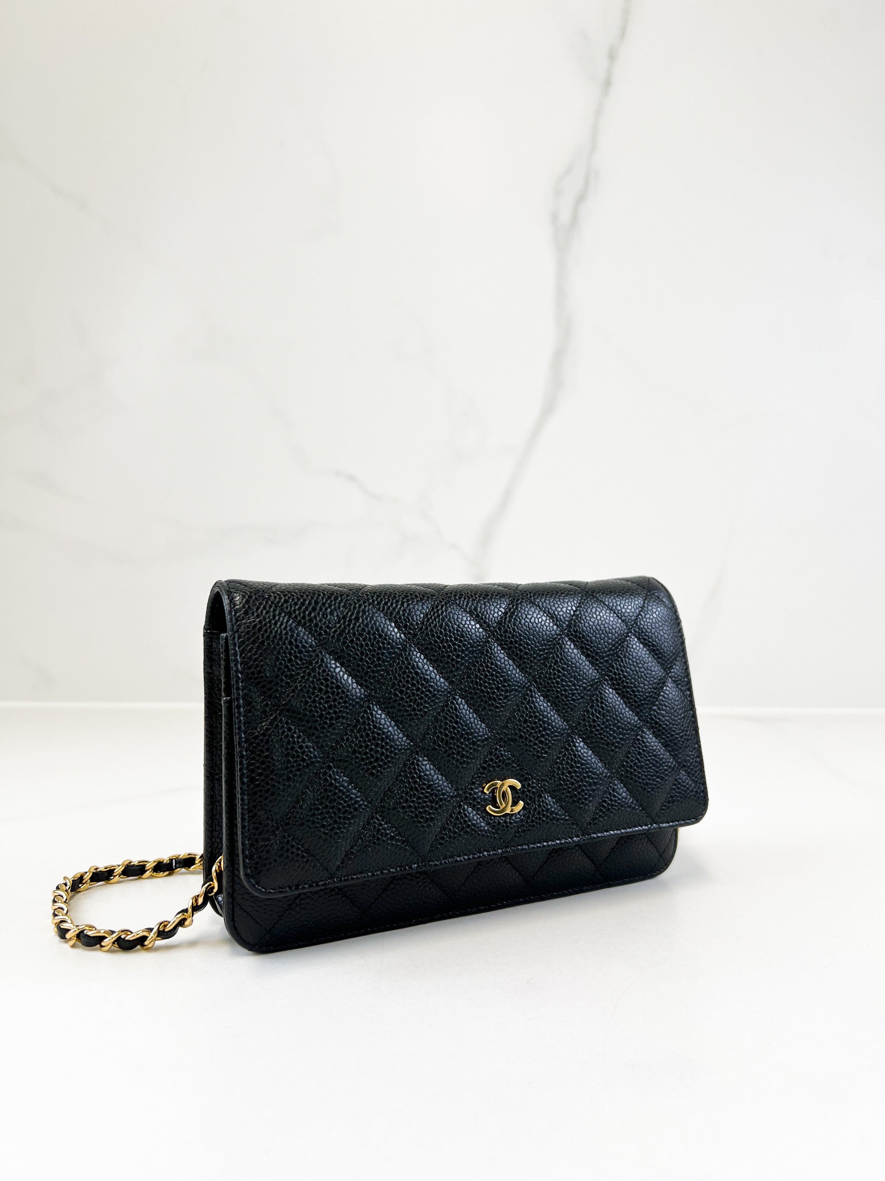 Chanel Black Caviar CC Classic Wallet On Chain GHW