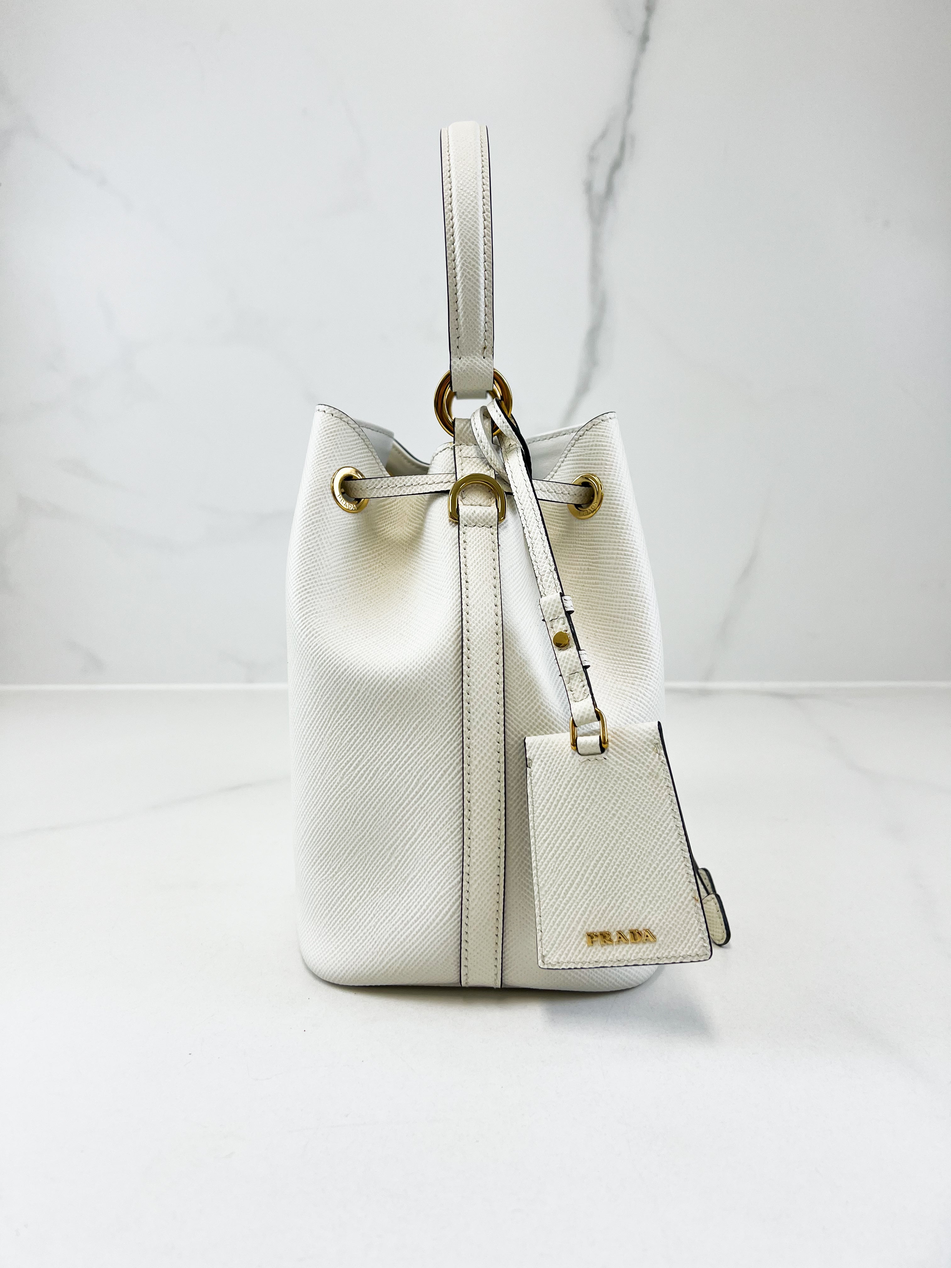 Prada Saffiano Top Handle Bucket Bag in White