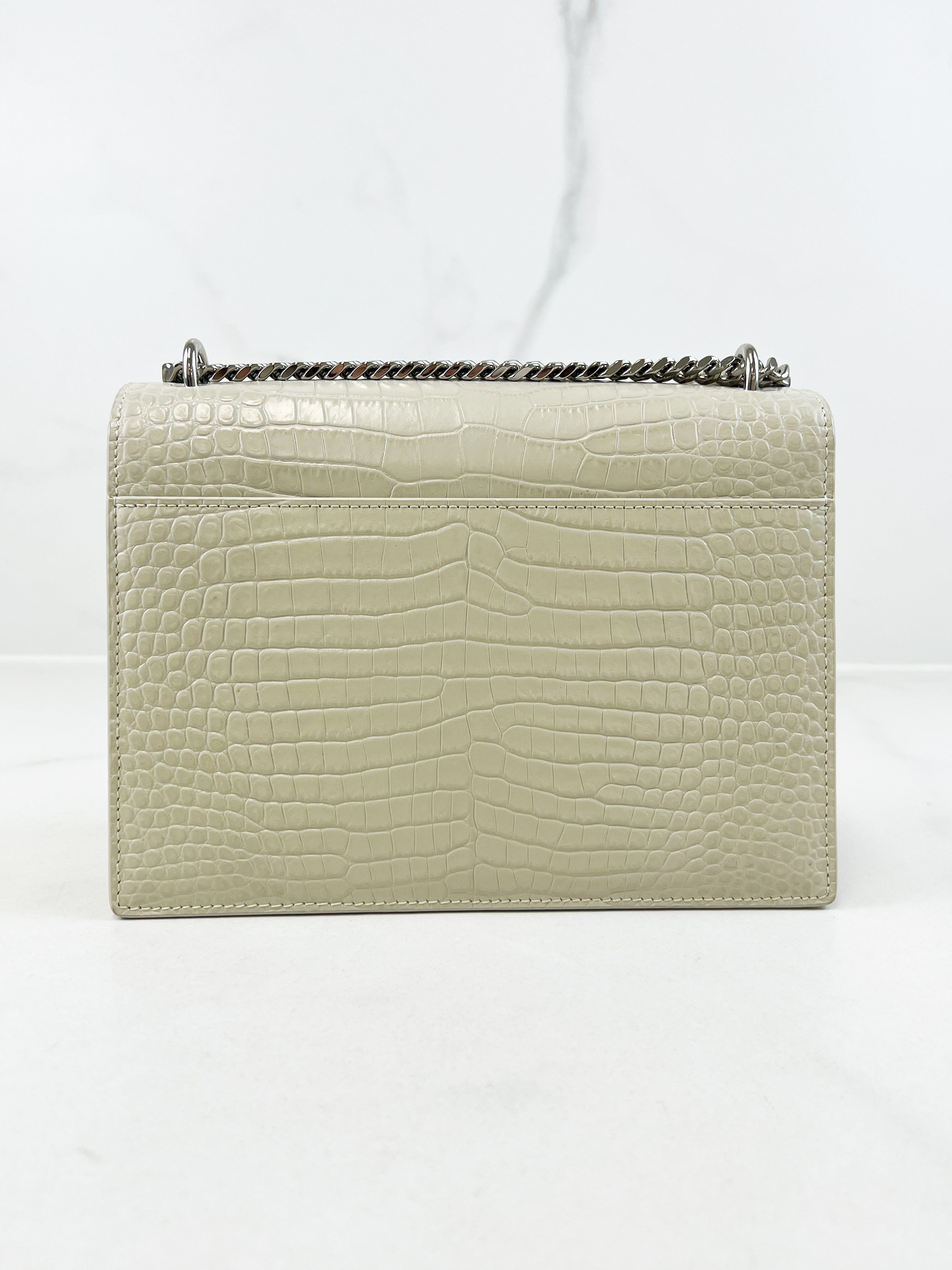 Saint Laurent Sunset Medium In Croc-embossed leather Blanc Vintage