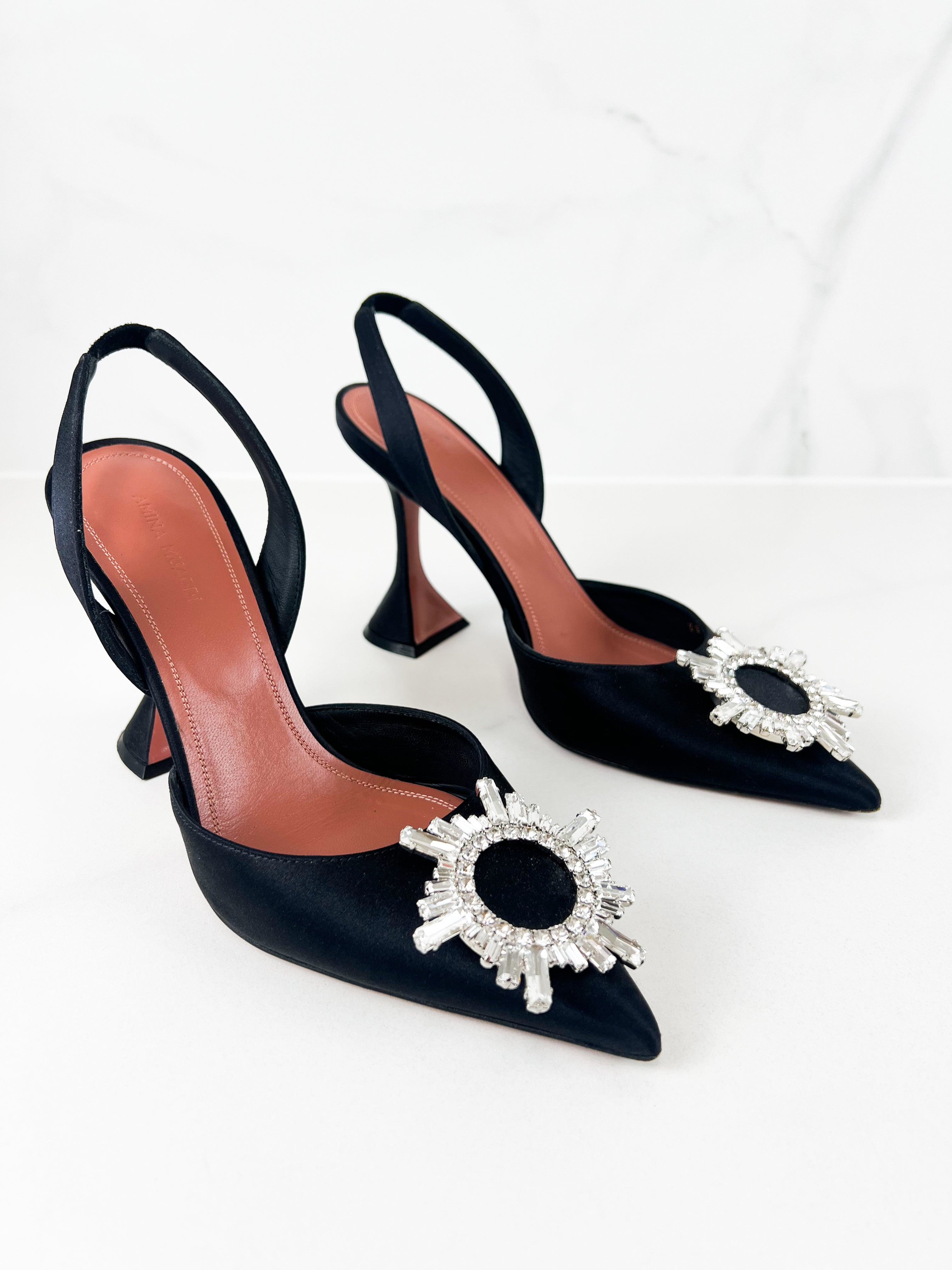Amina Muaddi Begum Black Satin Slingback 38