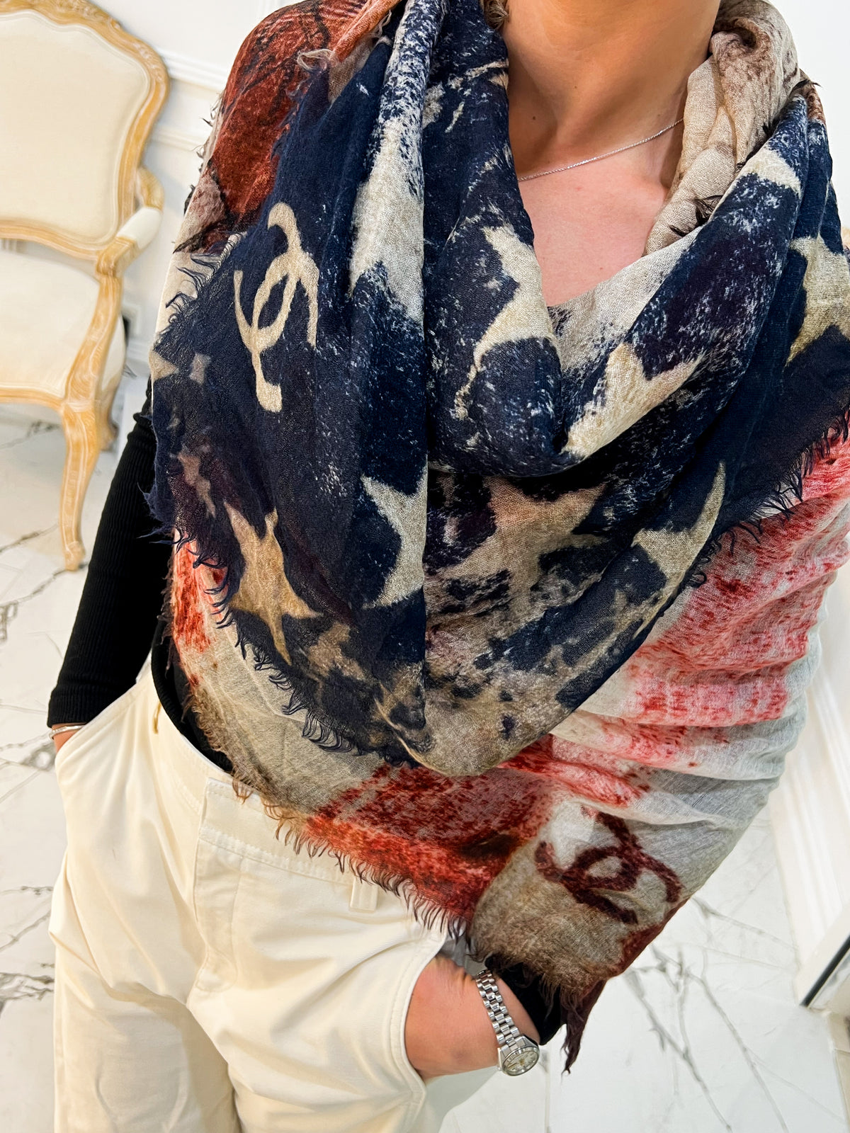 Chanel Echarpe Cashmere Seda Azul e Bege Scarf