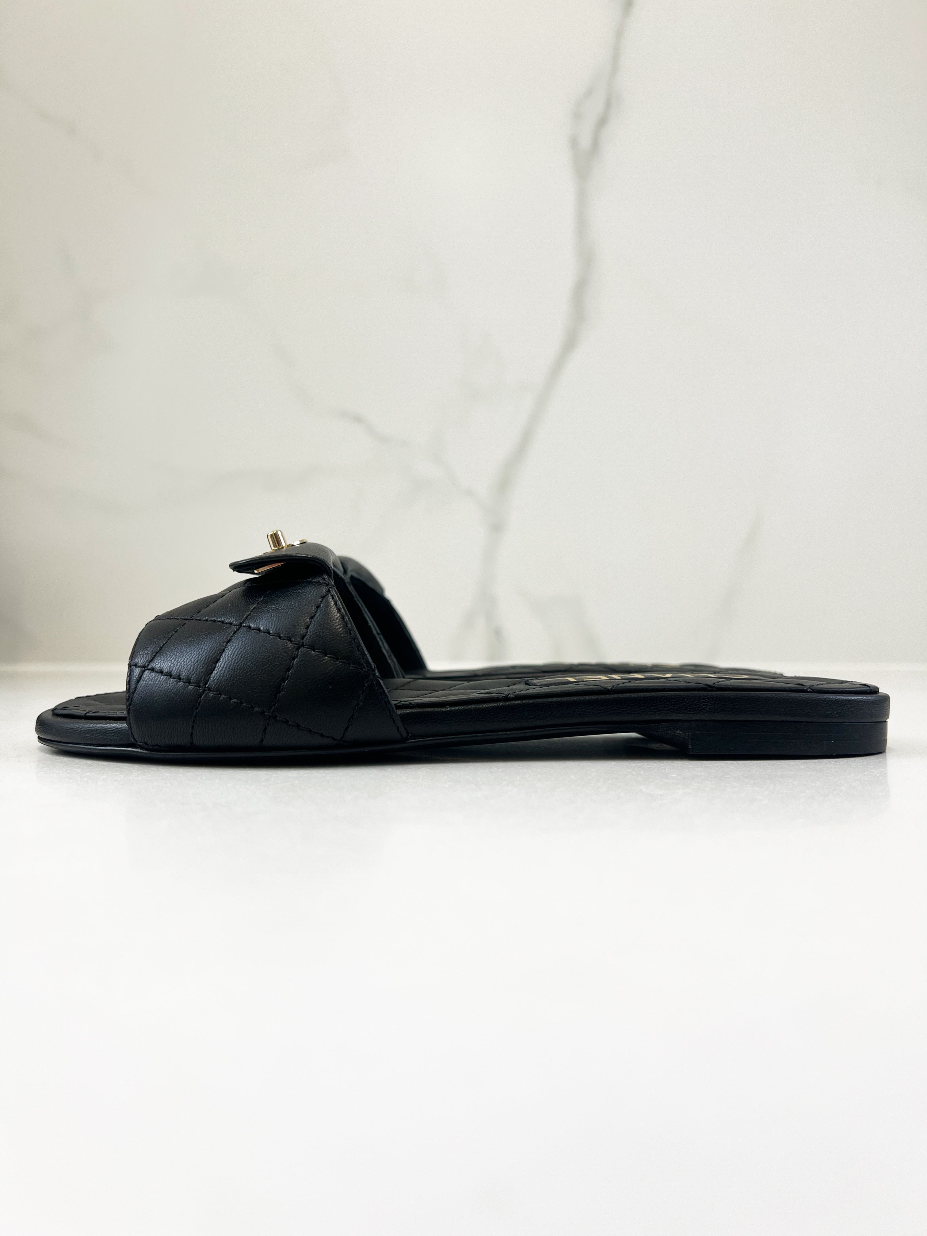 Chanel Black Quilted Leather Slides Size 36C
